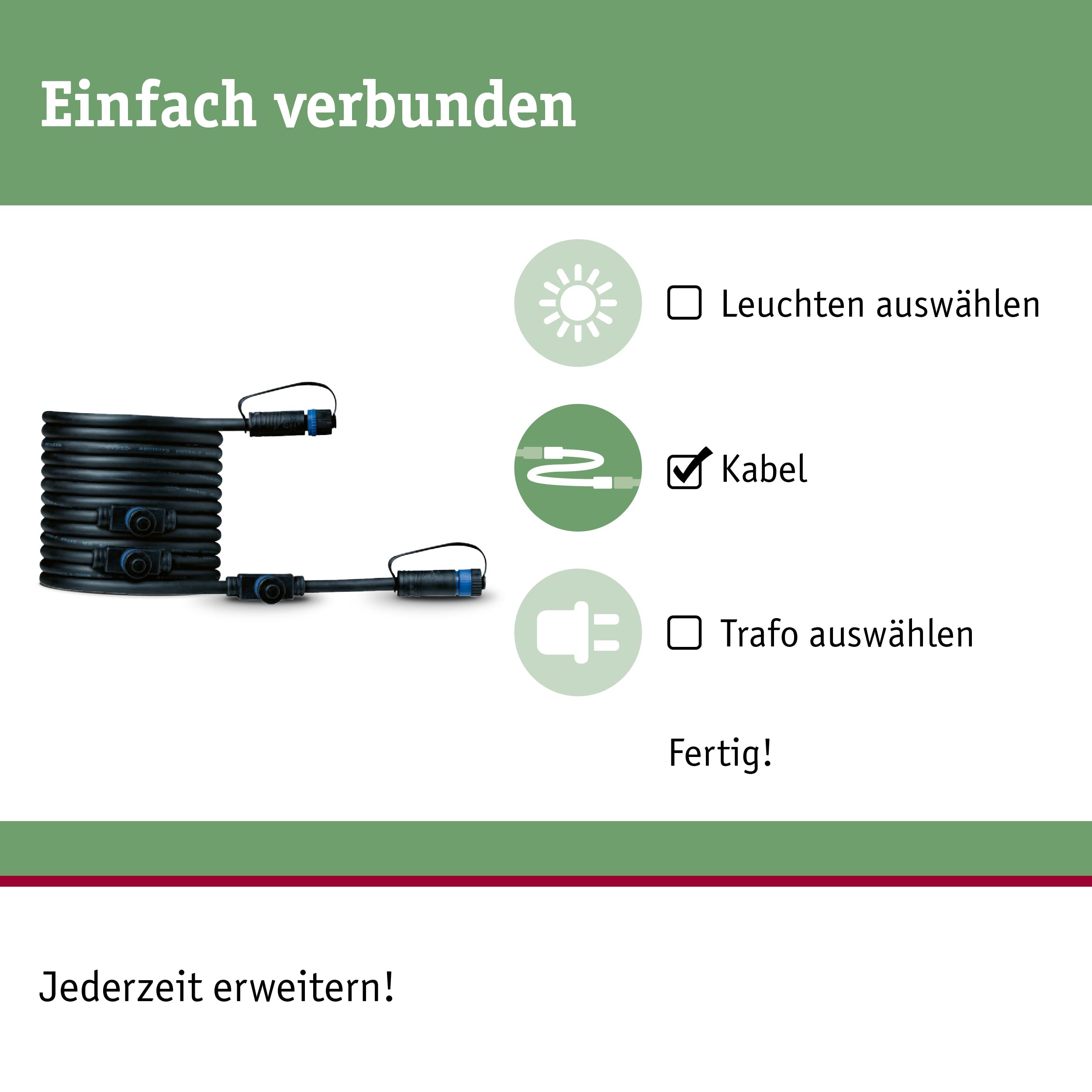 Paulmann 94596 Plug & Shine lampa zewnętrzna kabel 5 m 4 wyjścia IP68 czarny maks. 150 W czarny system oświetlenia ogrodowego tworzywo sztuczne