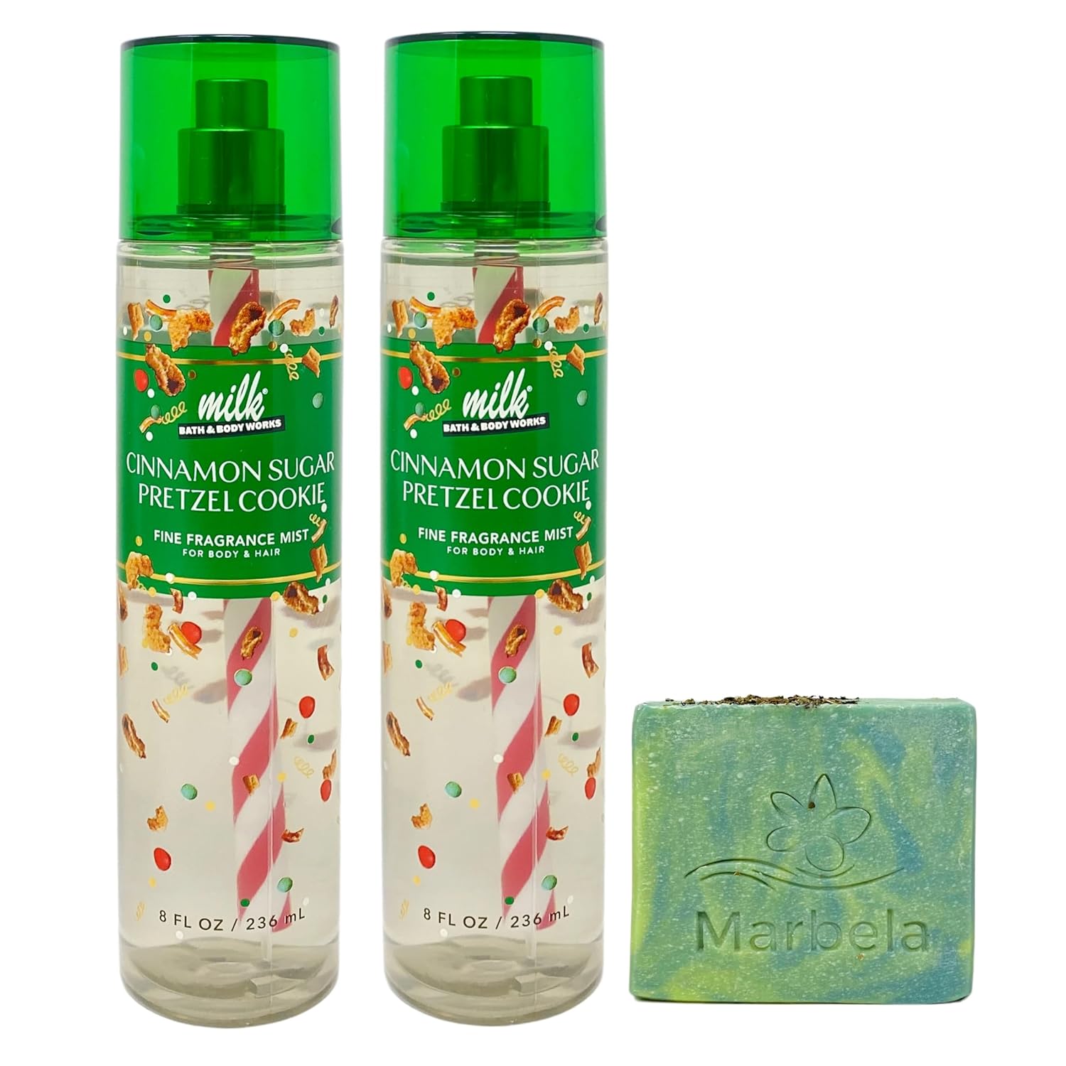 Bath & Body Works Cinnamon Sugar Pretzel Cookie 2 Pack Fragrance Mist Set with a Fresh Forest Bar Soap