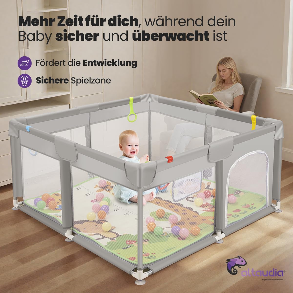 Baby-Laufstall 120 x 120 cm + Baby-Teppich + 50 Bälle + Transporttaschen – Baby-Laufstall mit atmungsaktivem Netz – Lustiger Spielplatz für Babys – Grau
