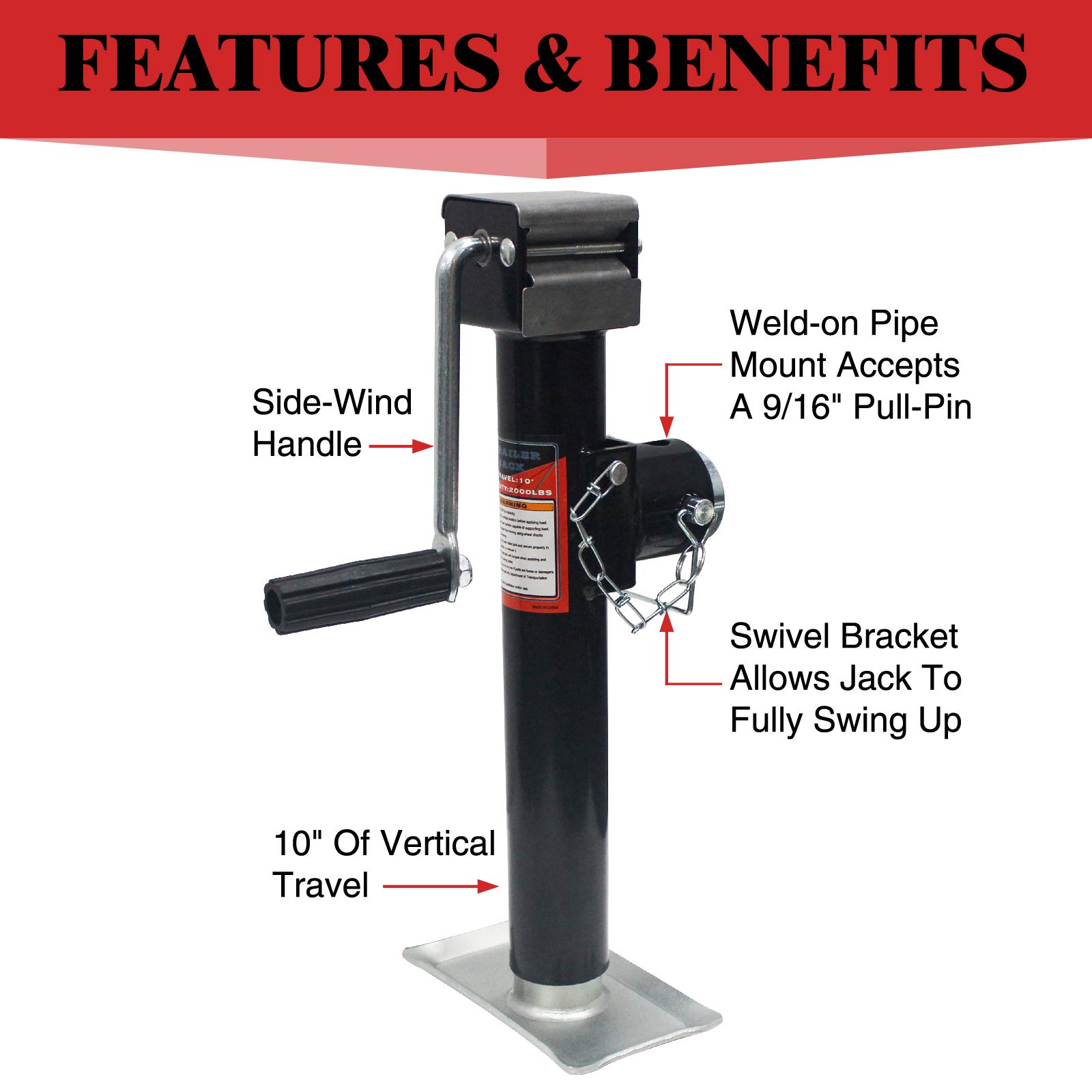 TYT Brands Side Wind WeldOn PipeMount Swivel Trailer Jack 5000 lbs, 10 Inches Vertical Travel