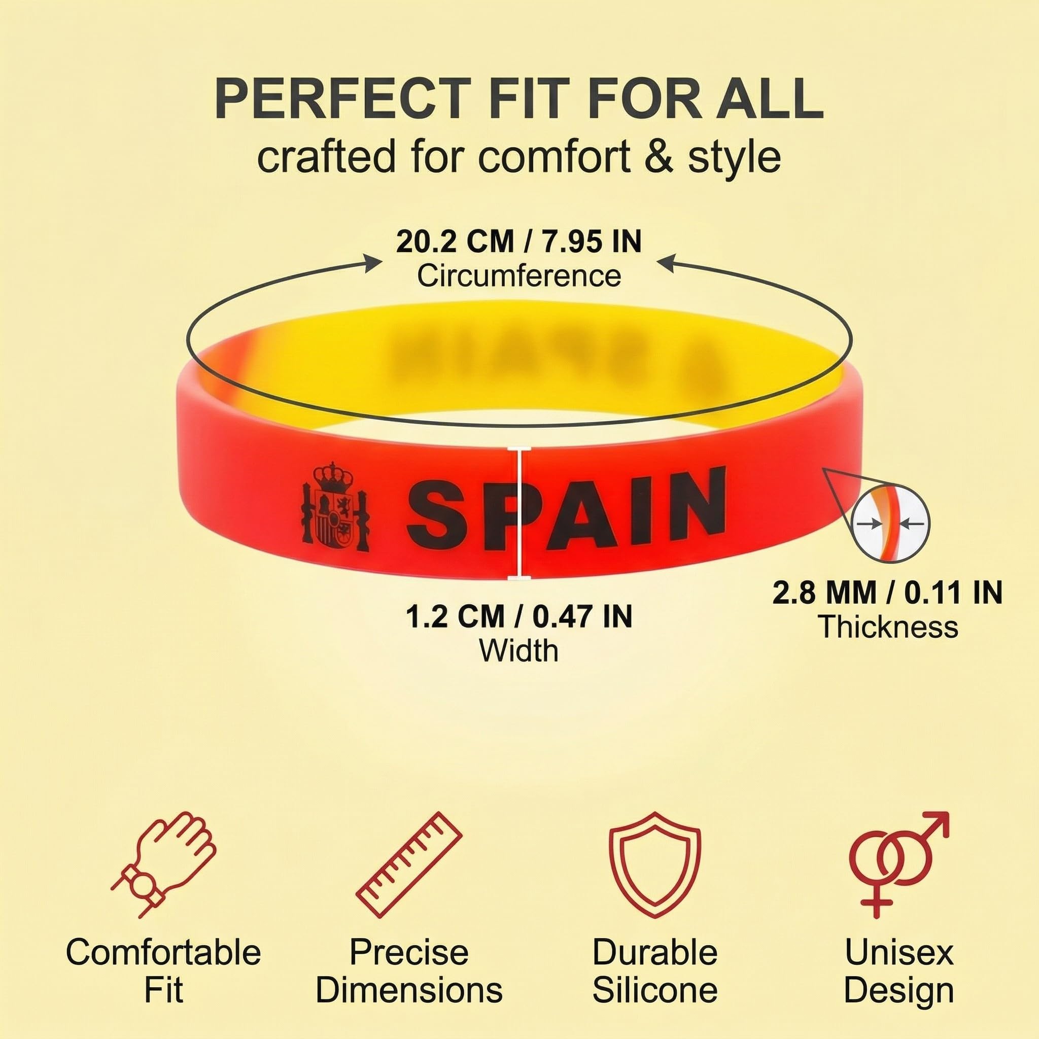 8 piezas Pulseras de silicona, Brazaletes con diseño de bandera, pulsera bandera españa para hombres y mujeres, ideales para la Copa Mundial 2026 (Colores bandera de España: Rojo y Amarillo)