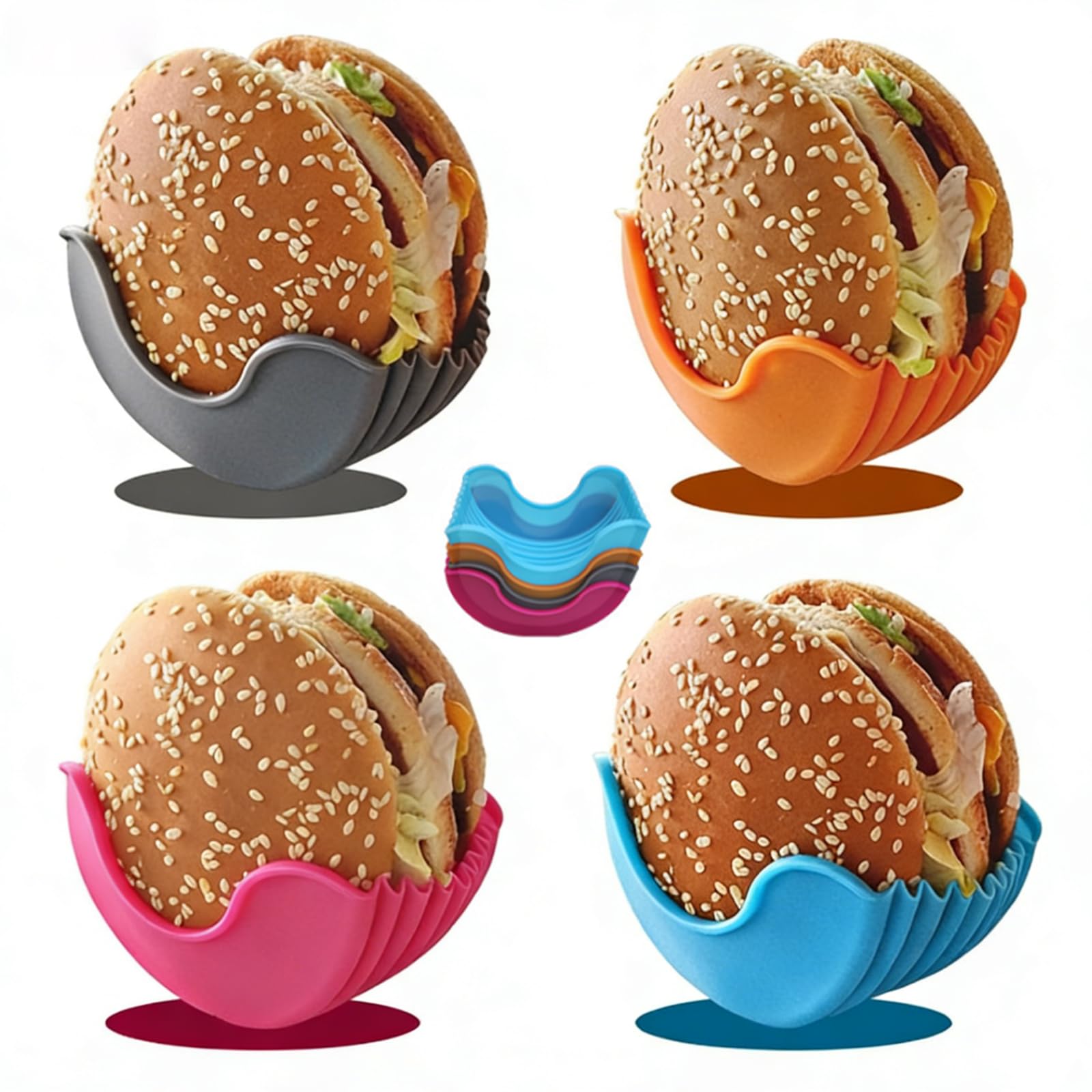 4Pcs Silicone Burger Holder for Eating,Reusable Hamburger Holders for Eating Washable Sandwich Holders,Reusable Hamburger Bun Shell,Cheeseburger Holder