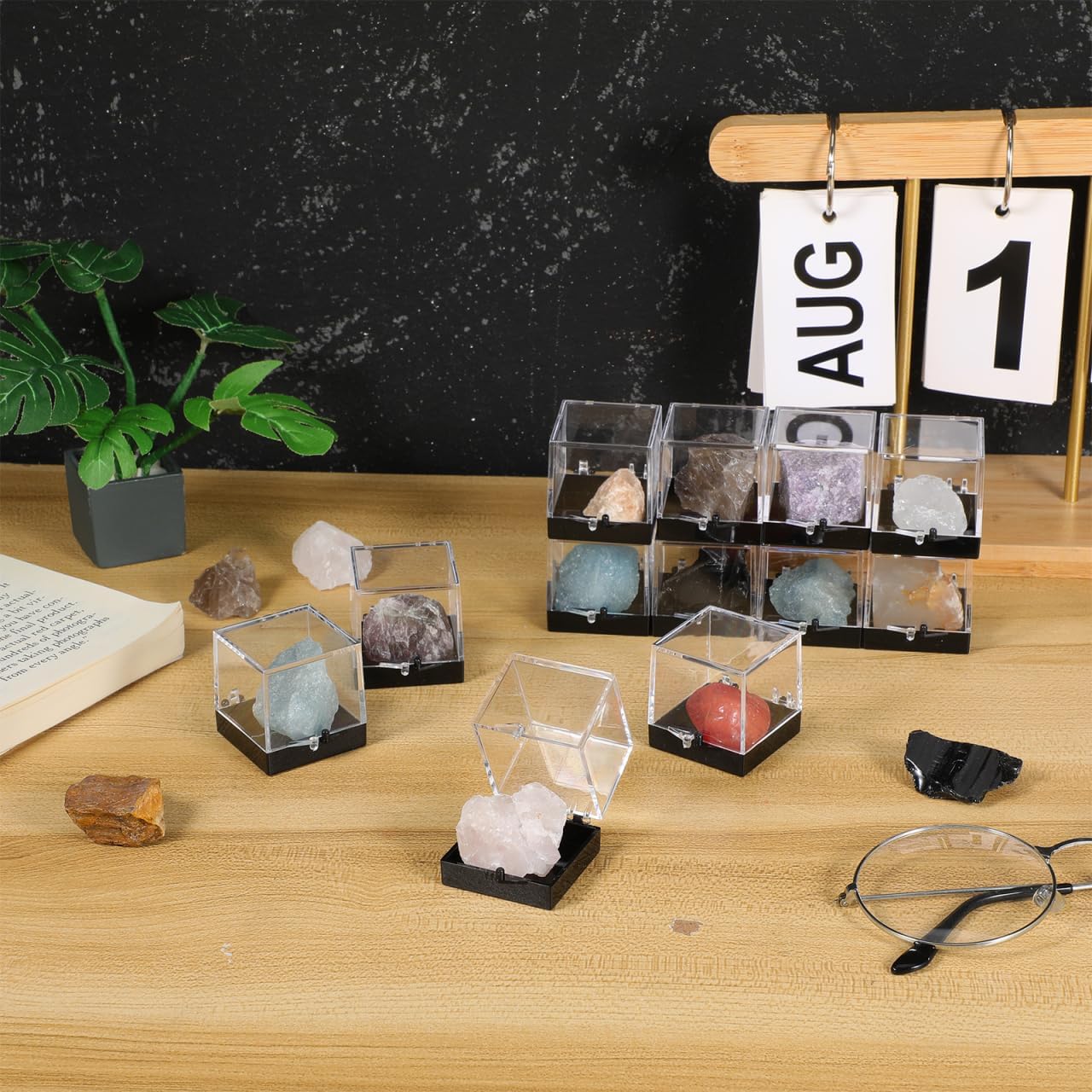 Cabilock 48 Pcs Mineral Specimen Rock Display Case Storage Boxes with Lids 5.51X1.37X1.37In Clear Display Cases for Rock Crystal Collection Organizing and Science Education