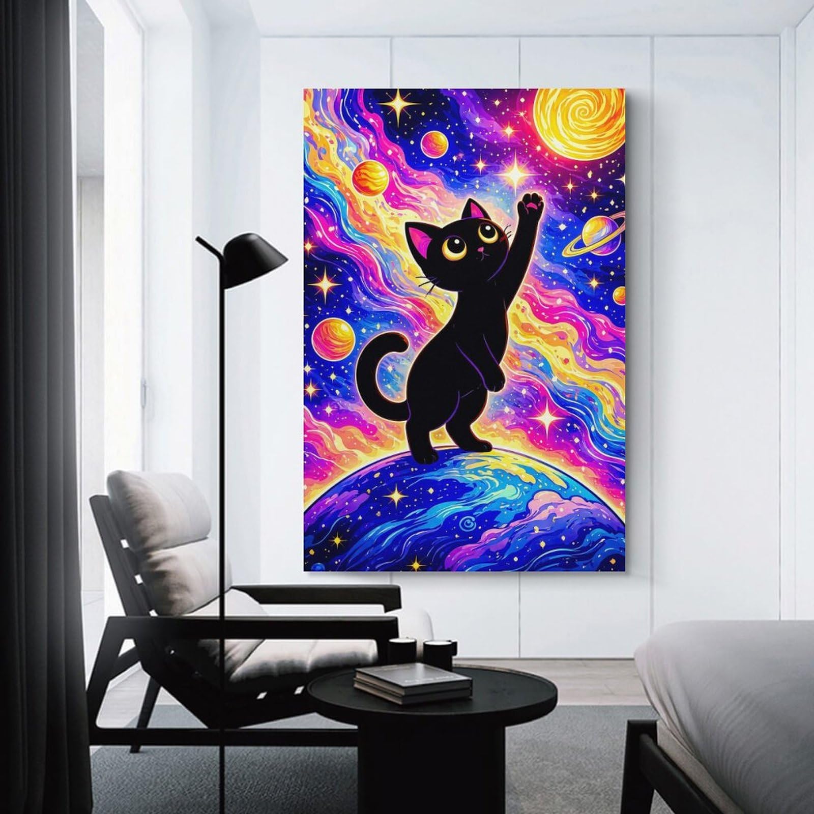 Junmoney Black Cat in Cosmic Wonderland Wall Picture Print, 20x30inch(50x75cm), for Art Walls, Layered Displays Or Homes, Home Wall Art for Statement Displays