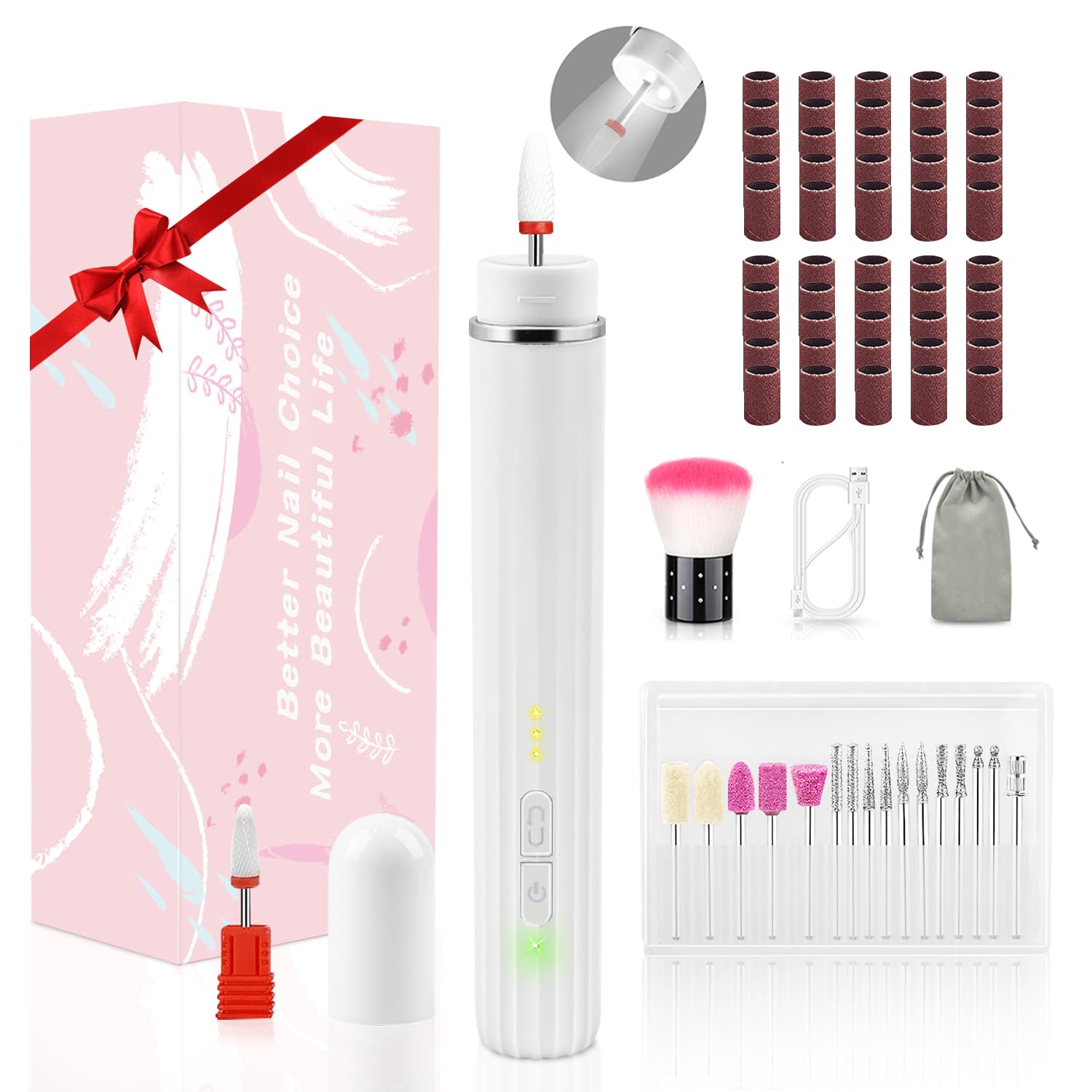 CIICII 71Pcs Torno para Uñas con Luz LED & Bolsa Portátil, 20000 RPM Lima Electrica Uñas (Pulidoras de Uñas Inalámbrica Recargable de 3 Velocidades) Manicura y Pedicura Profesional para Salón DIY
