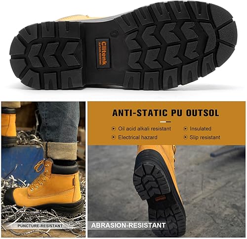 Miniatura 4 de Botas de trabajo con punta de acero para hombre, impermeables, de cuero aceitado de grano completo de 6 pulgadas, antideslizantes, a prueba de