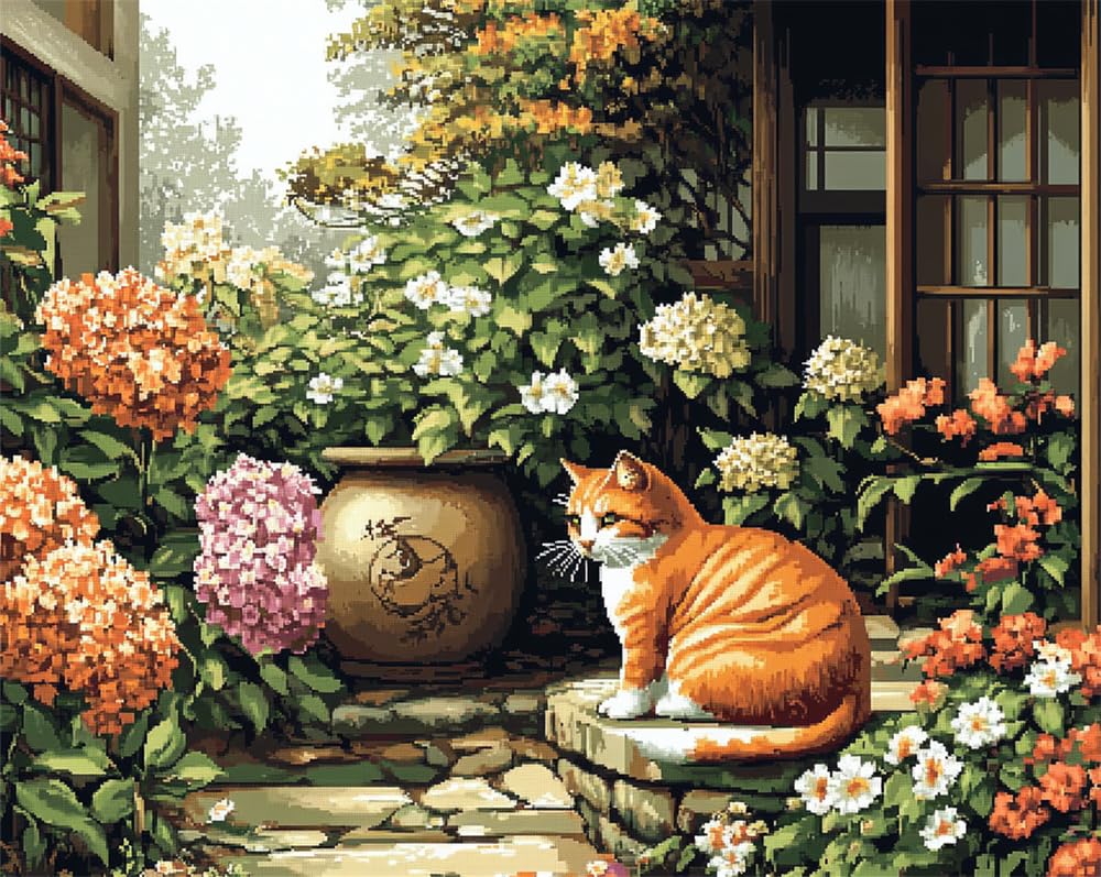 Henypt Counted Cross Stitch Kits for Adults Embroidery Courtyard Cat 11Ct Stamped Cross Stitch Kit Pattern Embroidery Kit Pre-Printed Fabric Home Decor Adult Craft Kits