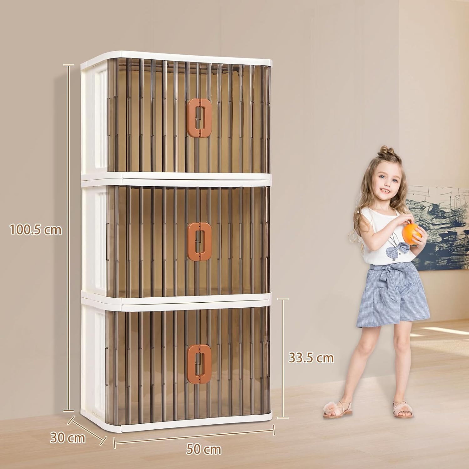 CIWEI Foldable Storage Cabinet with Wheels, 3 -Tier Stackable Storage Bins with Doors and Wheels Adjustable Shelves for Kids Free Standing Shoe Shelf Cabinet for Kitchen Bathroom