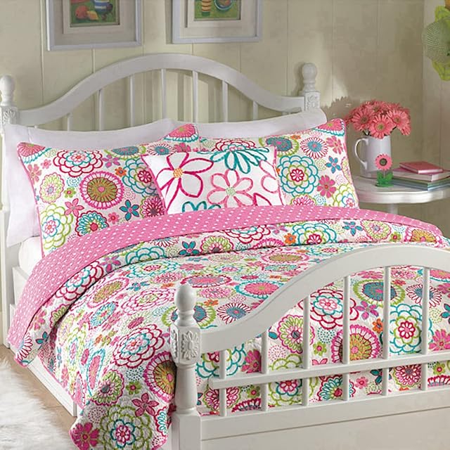 Cozy Line Home Fashions Pink Floral Polka Dot Colorful Reversible Quilt Bedding Set, Coverlet, Bedspreads for Girls (Mariah, Queen - 3 Piece)