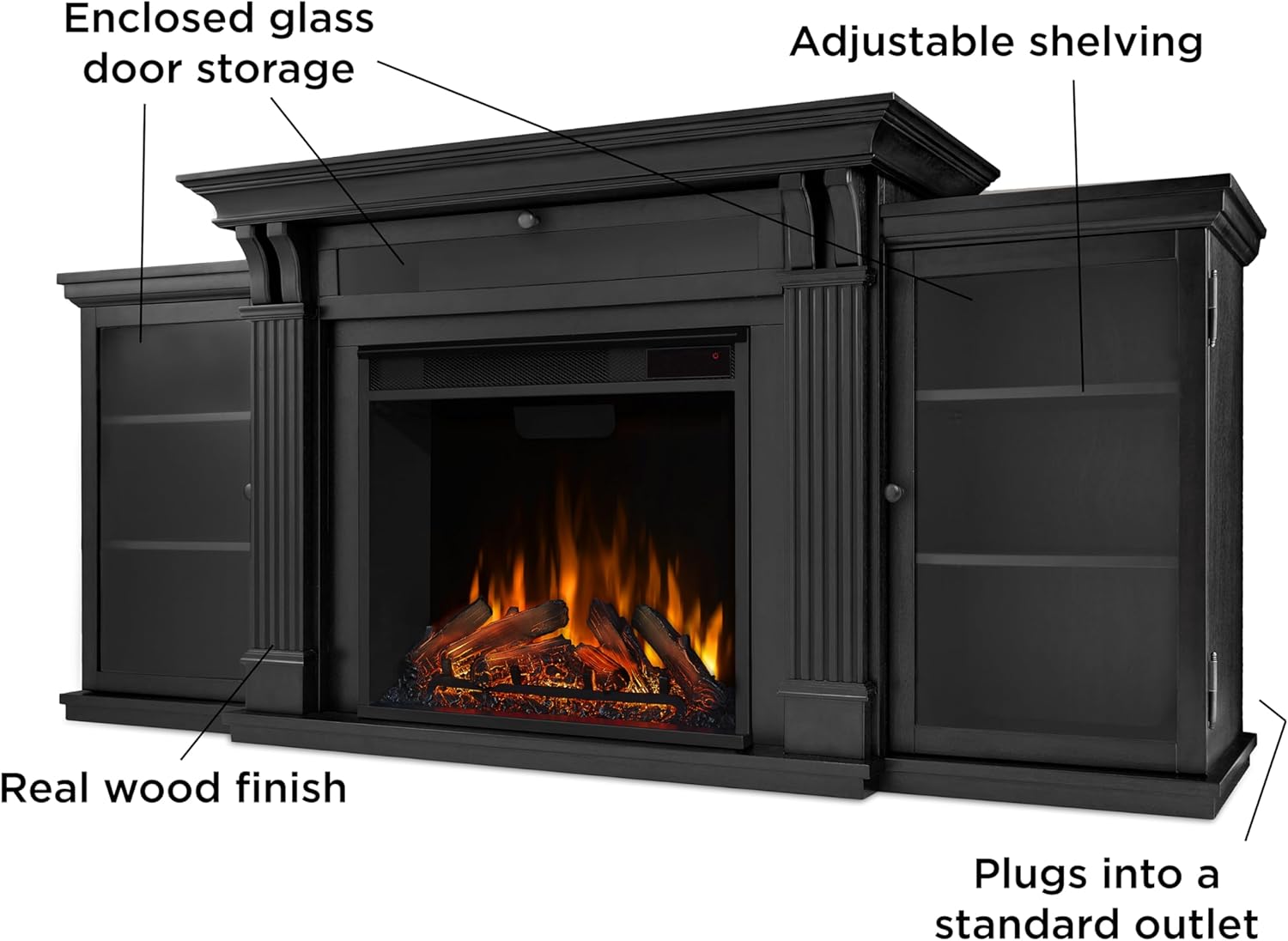Real Flame Calie 67" TV Stand with Electric Fireplace in Black, Entertainment Center with Electric Fireplace, Living Room TV Stand with Fireplace, fits up to 65" TV