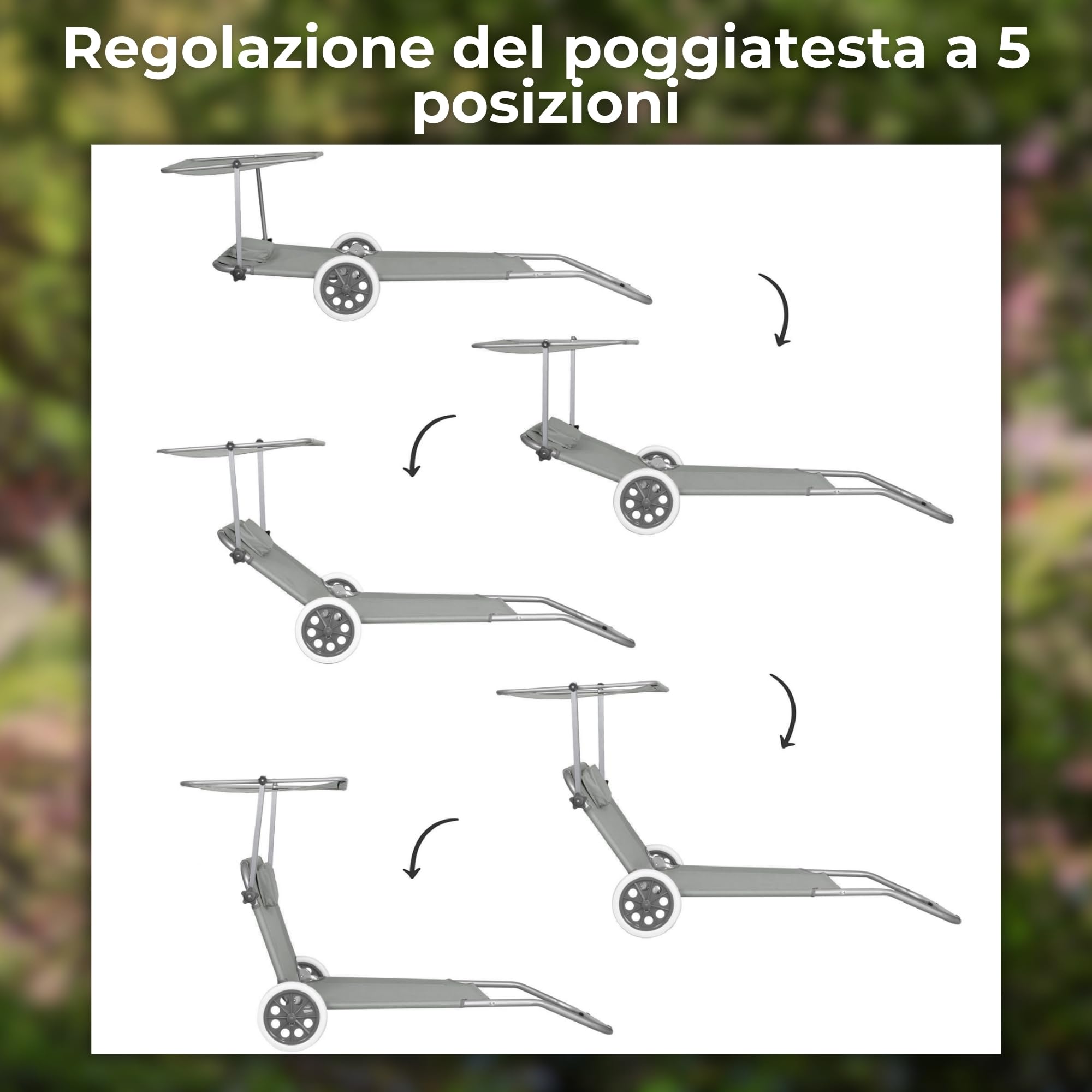 SPRINGOS Lettino prendisole da giardino, con 2 ruote, schienale regolabile in 5 posizioni, poggiatesta, portata fino a 120 kg