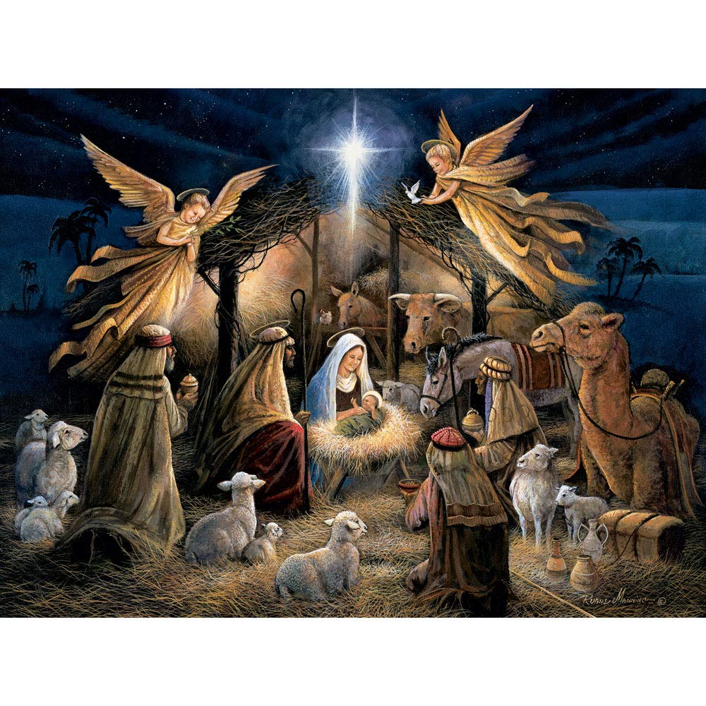 Bits and Pieces – in The Manger Jigsaw Puzzle for Adults – Nativity Scene Christmas Puzzle by Artist Ruane Manning – Religious Puzzle with Mary, Joseph, and Baby Jesus (300 Piece Puzzle 18" x 24")