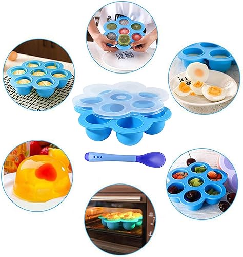 Miniatura 8 de Juego de 4 moldes de silicona para huevos con mango y cuchara resistentes al calor, cazador escalfador de huevos Sous Vide reutilizable con tapa, se