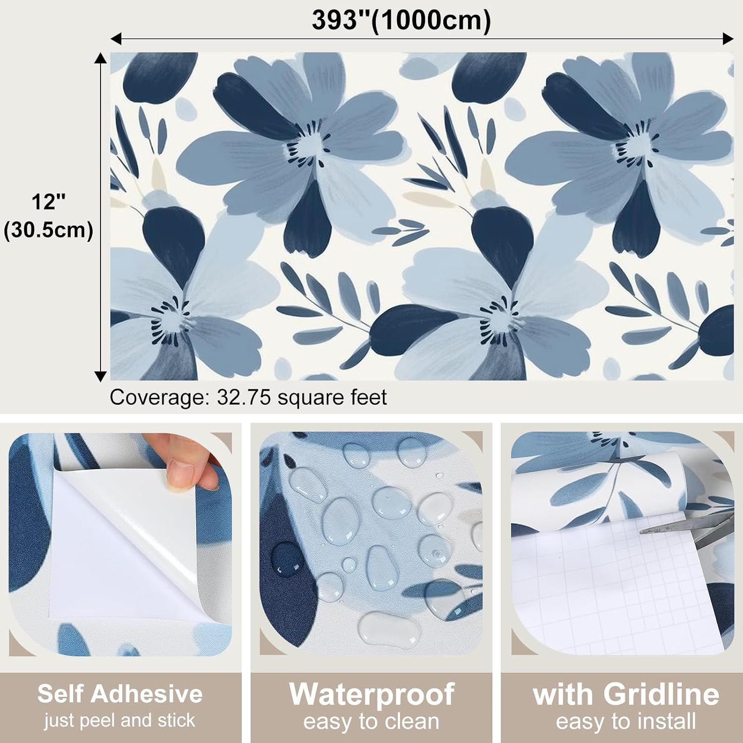 Blue Floral Peel and Stick Wallpaper Watercolor Elegant Flower Leaf Wallpaper Decorative Floral Contact Paper for Cabinet Shelf Removable Botanical Wall Paper for Living Room 12"x393"