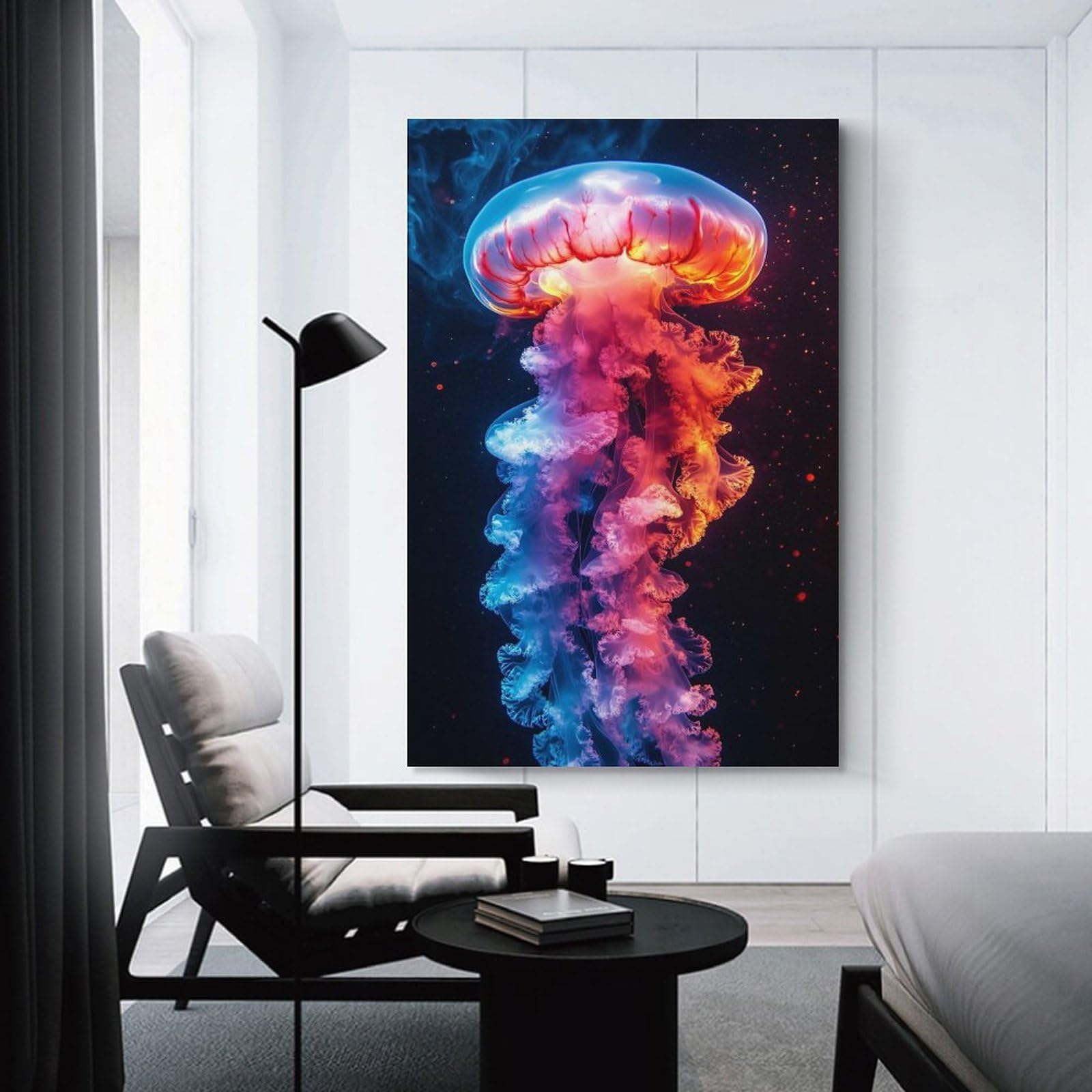 Junmoney Colorful Jellyfish in Dark Water Hanging Wall Art, 24x36inch(60x90cm), for New Homes, Bedrooms Or Workspaces, Thoughtful Wall Decor for Art Lovers