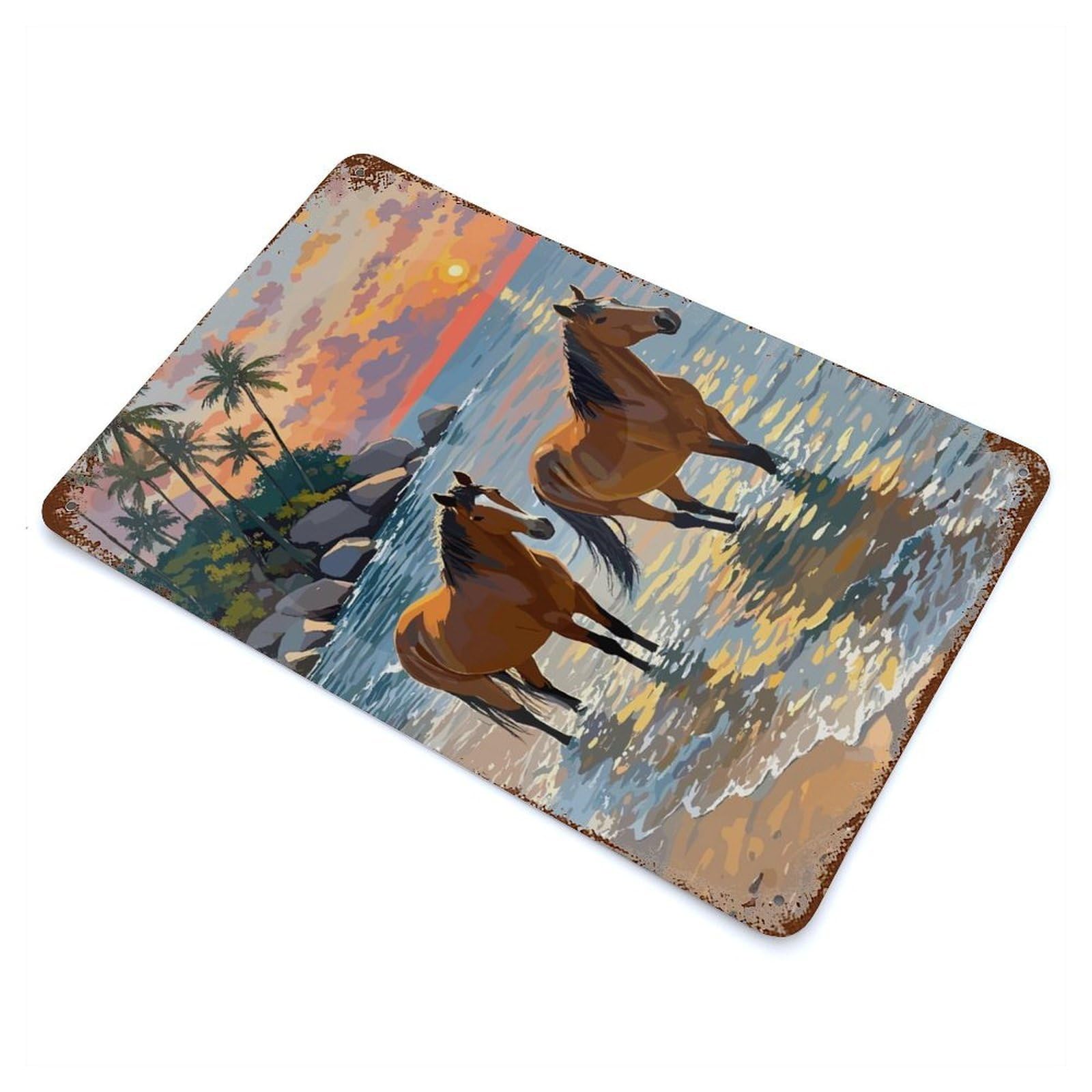 Horses in The Ocean at Sunset Weathered Tin Sign 11.8"x7.9", Classic Wall Plaque for Garage, Bar And Workshop Decor