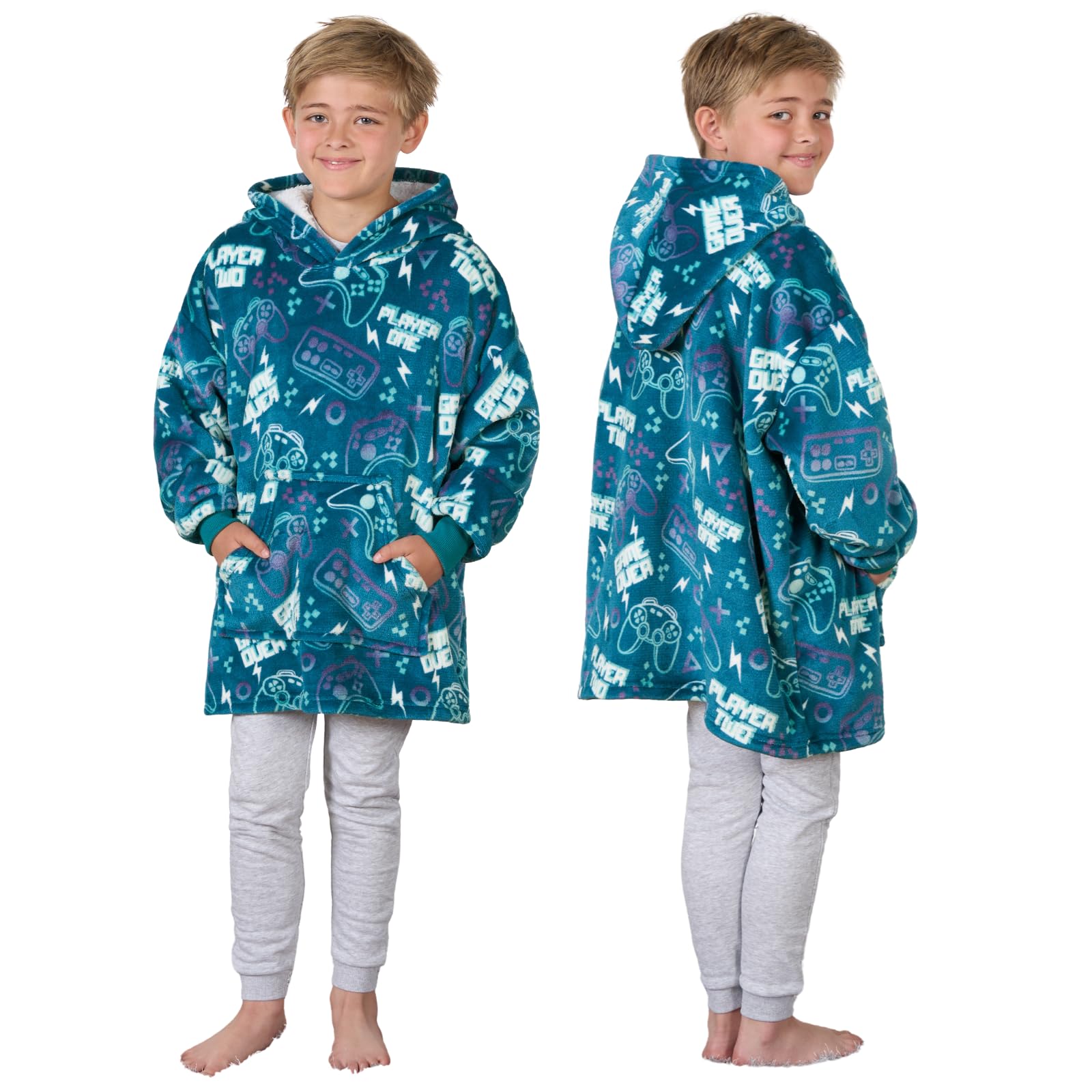 Ohs Boys Teal Blue Gaming Kids Oversized Hoodie, Soft Sherpa Fleece Throw Blanket Hooded Sweatshirt Cosy Wearable Large Jumper Gifts For Girls Kids - Blue, One Size