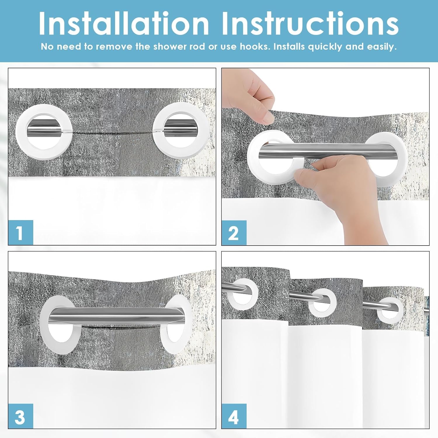 No Hook Blue Grey Painting Shower Curtain with Snap in Fabric Liner Set, Gray Abstract Double Layers Waterproof Fabric with See Through Top Window Open Grommet Bath Curtain 71x74 Inch
