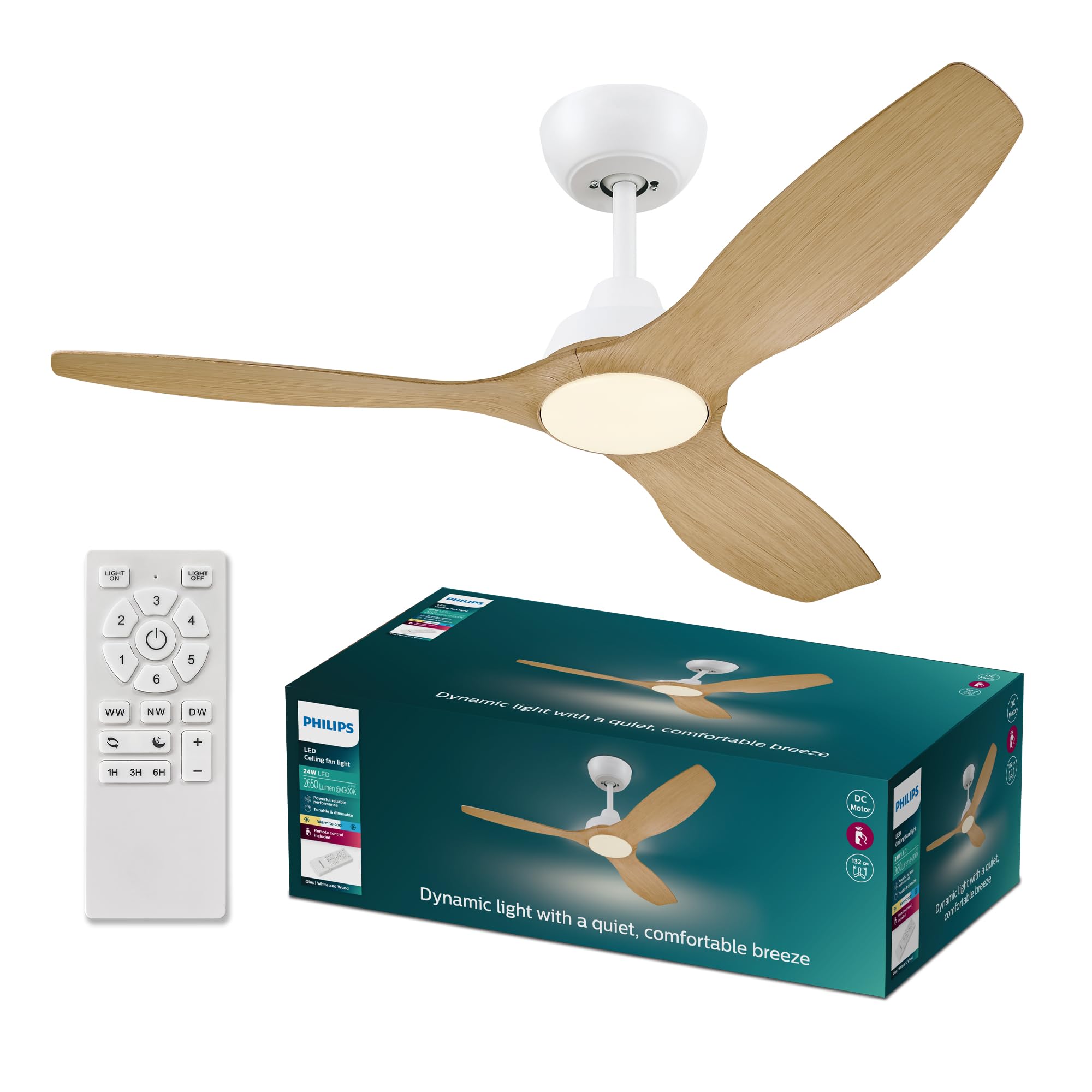 Philips Philips Olas Ceiling Fan, 3 Blades, 24W LED Light, DC Motor, Color Temperature Range (3000K-4300K-6500K) with Dimmable Function,