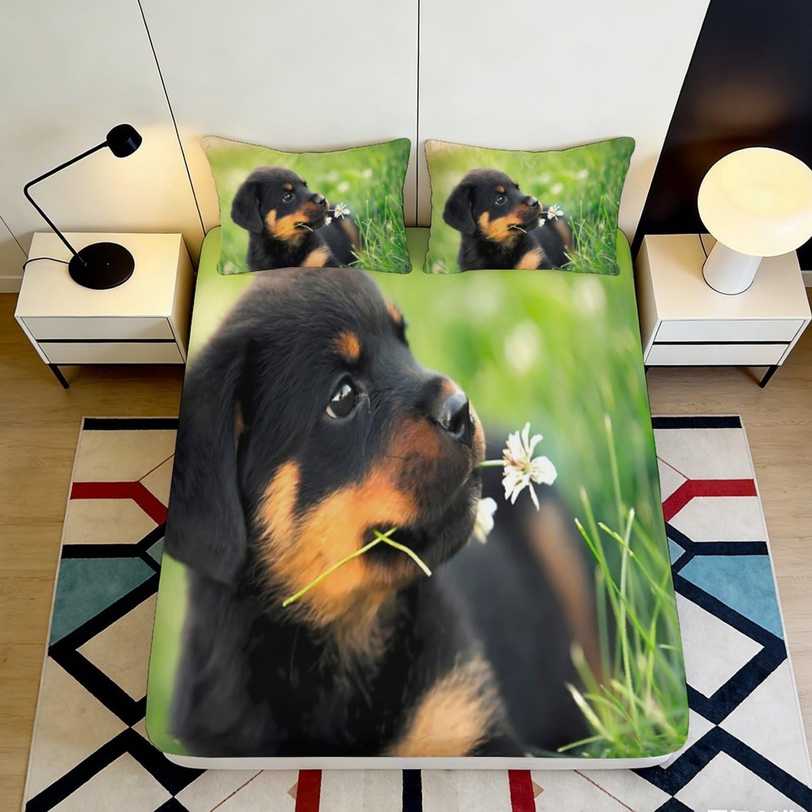 3D Printed Rottweiler Puppy Fitted Sheet Microfiber Soft Washable Daisy Bed Cover for Bedroom Guest Room Decor 90x200x25cm