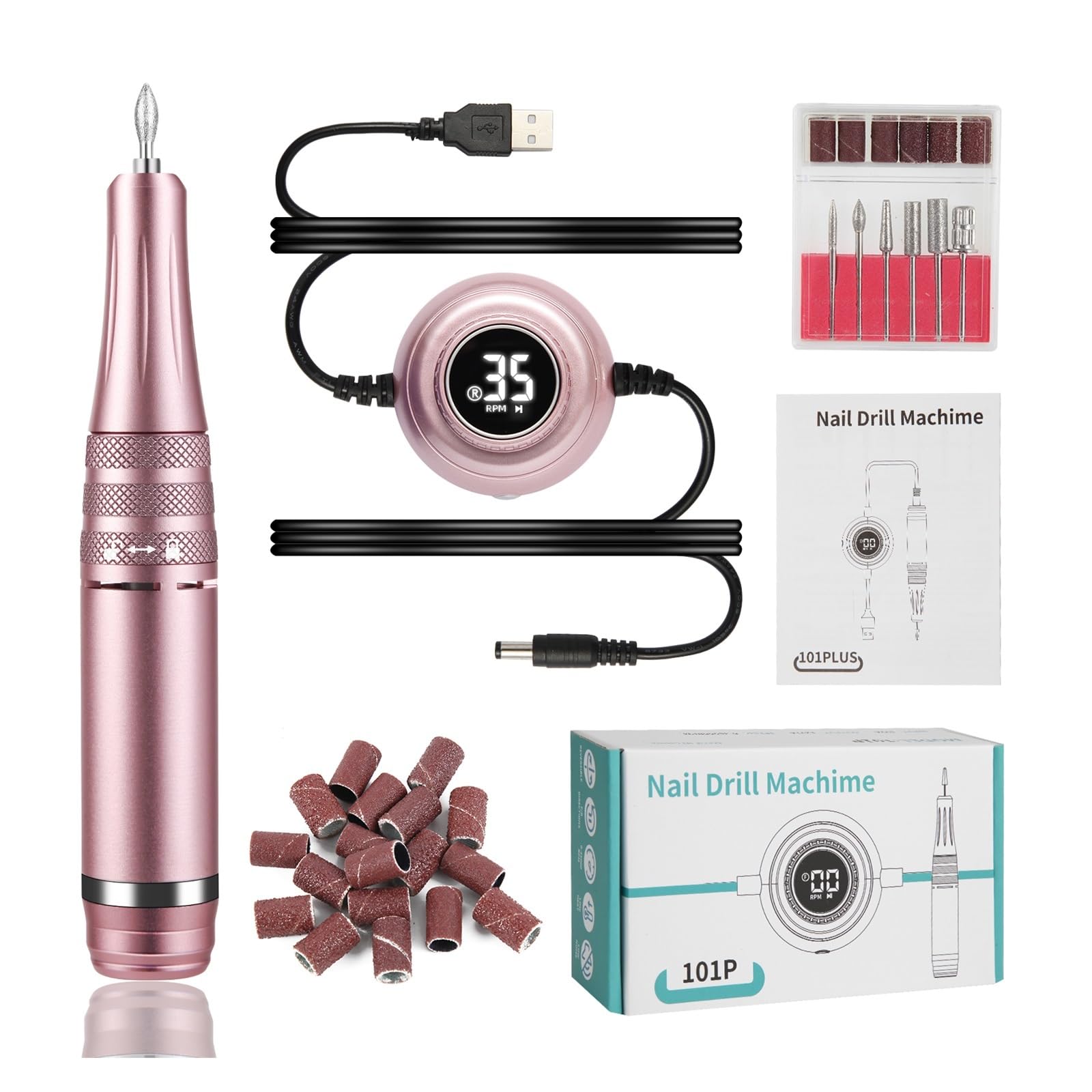 Máquina de manicura 35000 RPM, taladro uñas eléctrico, torno portátil, juego cortador , pulidor en gel, equipo salón ,Baja vibración(101P Pink)