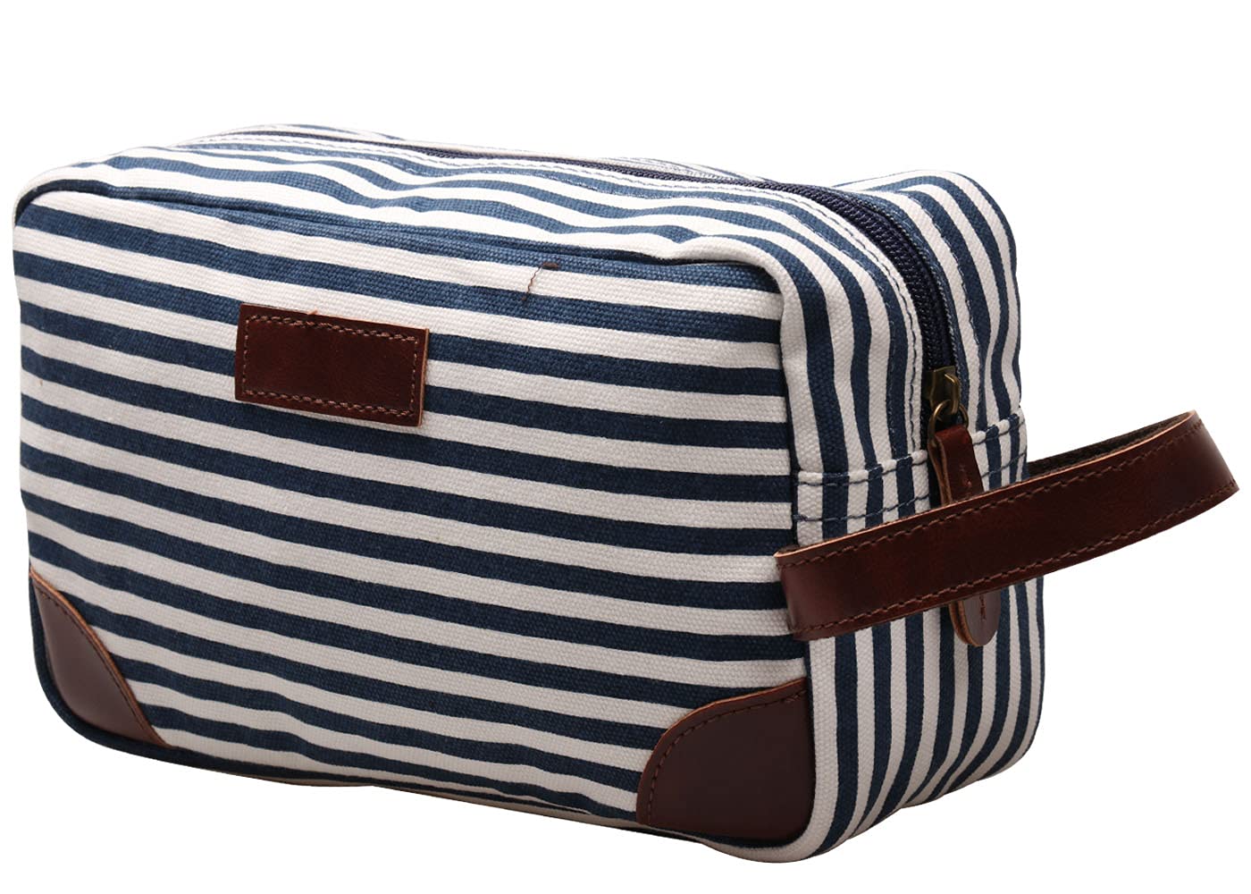 IBLUE Toiletry Bag Leather and Canvas Travel Dopp Kit Bathroom Shaving Organizer for Men&Women Travel Accessories,B03 (Strip color)