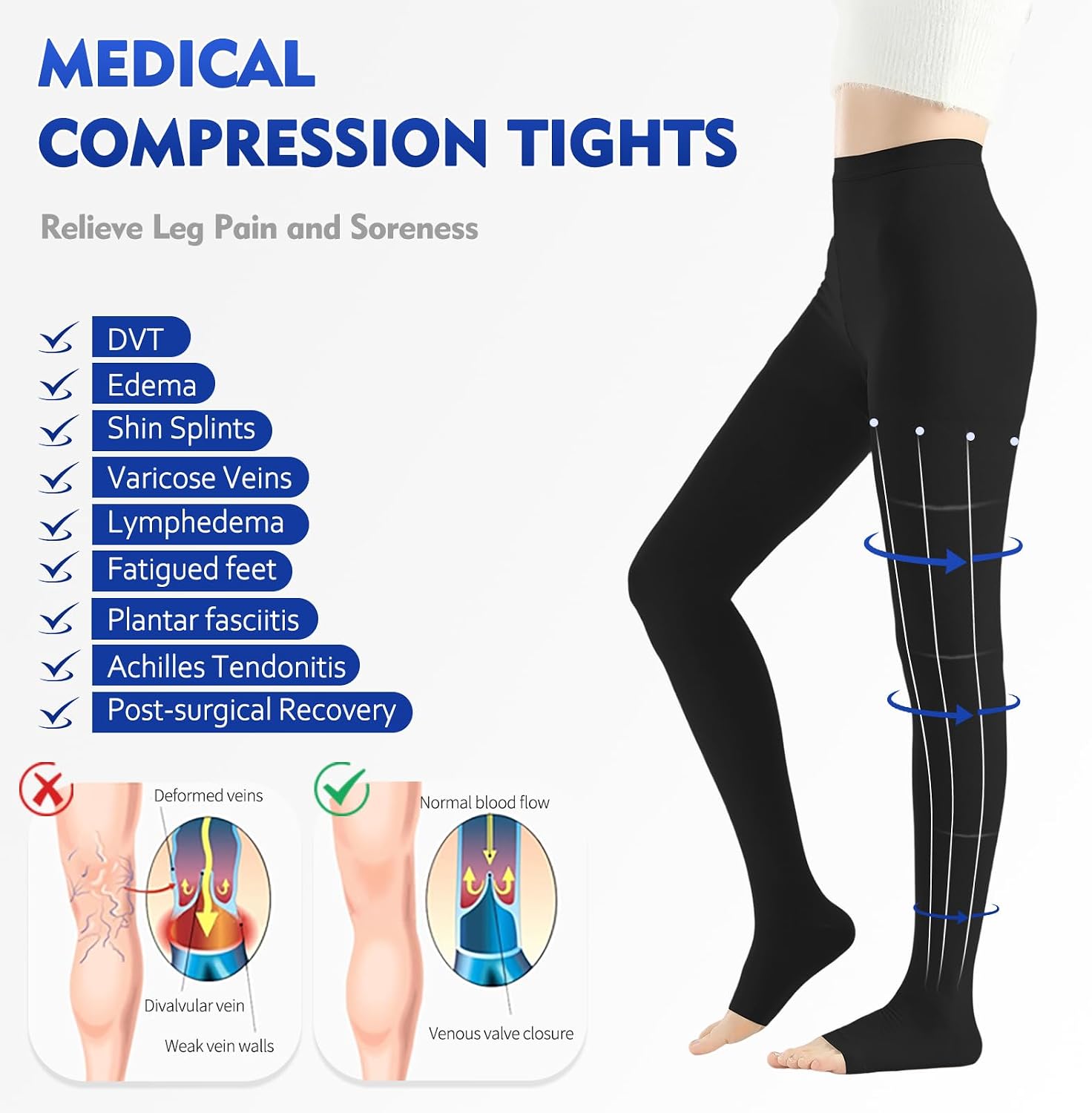 Medical Compression Pantyhose Stockings for Women & Men, 20-30mmHg Graduated Support Hose Tights,Opaque Waist High Compression Stockings & Leggings For Medical,Athletic,Travel Use