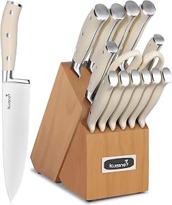 Kuisine Chef Knife Set,High Carbon Stainless Steel Ultra Sharp Blade Ergonomic Handle,Kitchen Knife Block Set with Built-in Sharpener, Elegant Gift for Holiday(Acacia A49, 15PCS)