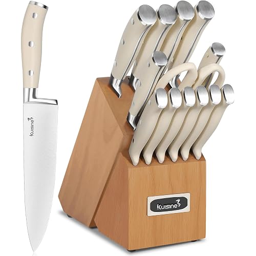 Kuisine Kitchen Chef Knife Block Set,High Carbon Stainless Steel Razor-Sharp Blade Ergonomic Handle,Sharp Knife Set with Built-in Sharpener,Elegant Gift(Irovy-Acacia,15pcs)