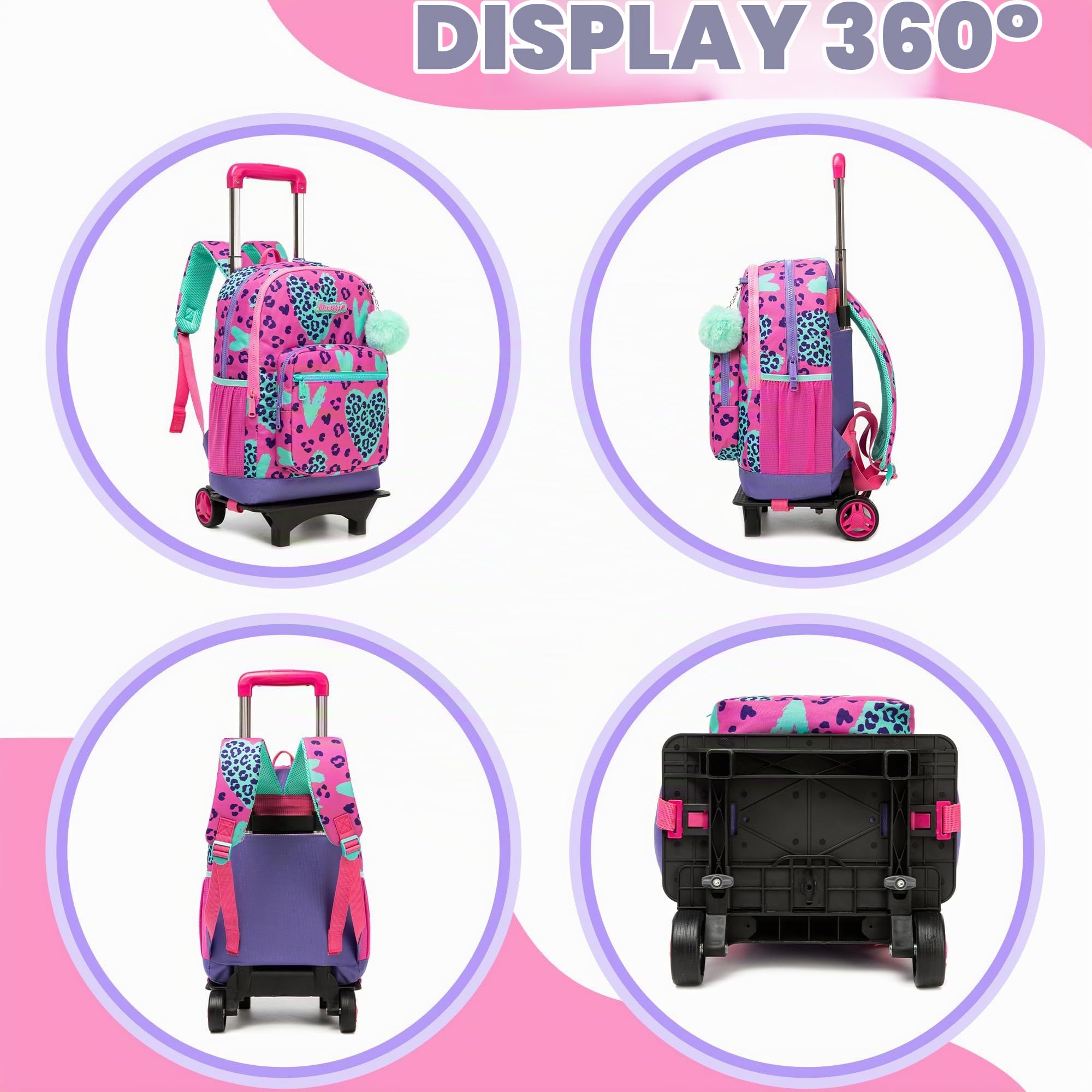 HTgroce Zaino Trolley Scuola Elementare Bambina - Set 3 in 1 con Portamerenda e Astuccio, Zainetto con Ruote Staccabile per Ragazze 8 Anni