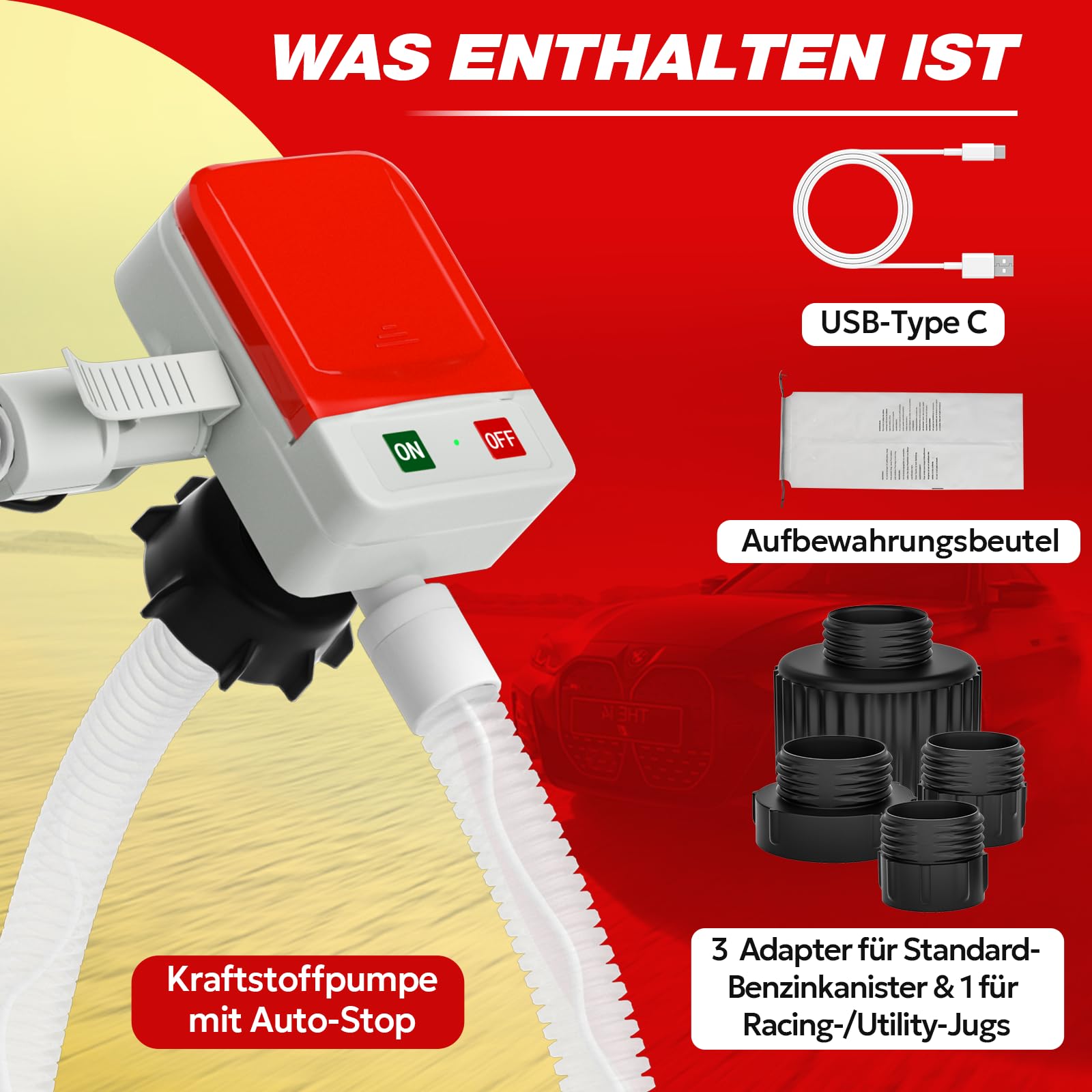 Keimi Kraftstoffpumpe mit Auto-Stop, 2,4GPM (10.5L/Min）129,5 cm extra langer Schlauch, batterie- & USB-betrieben, 4 Dosenadapter, schnelle und sichere Gaspumpe für Öl, Diesel und Benzin