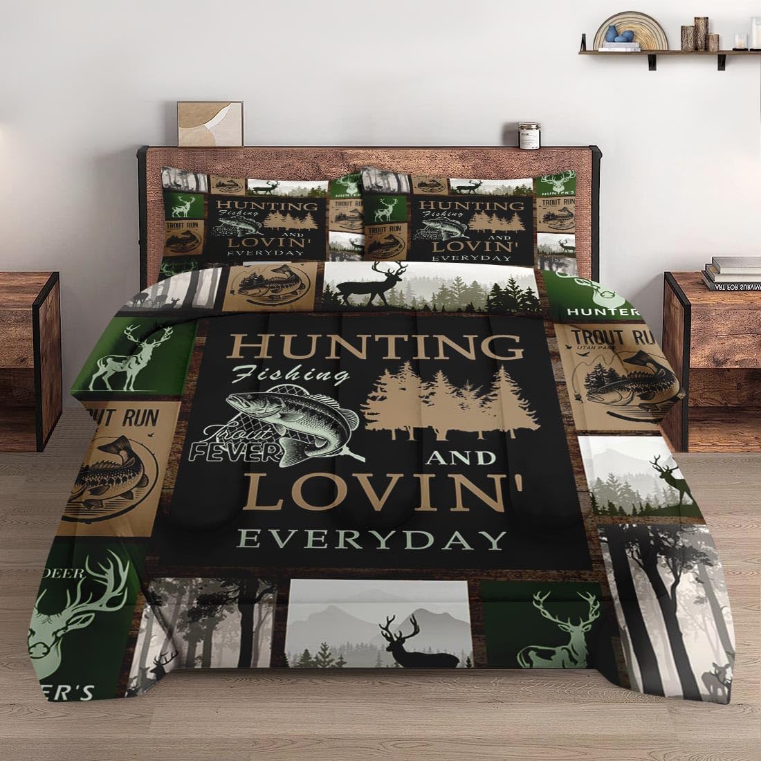 WeCozy Full Size Comforter Set with 2 Pillowcases, Retro Mountains Gray Soft 3 Pcs Bedding for Kids and Adults, Deer Animal Tree Comforter Set for Bedroom Bed Decor