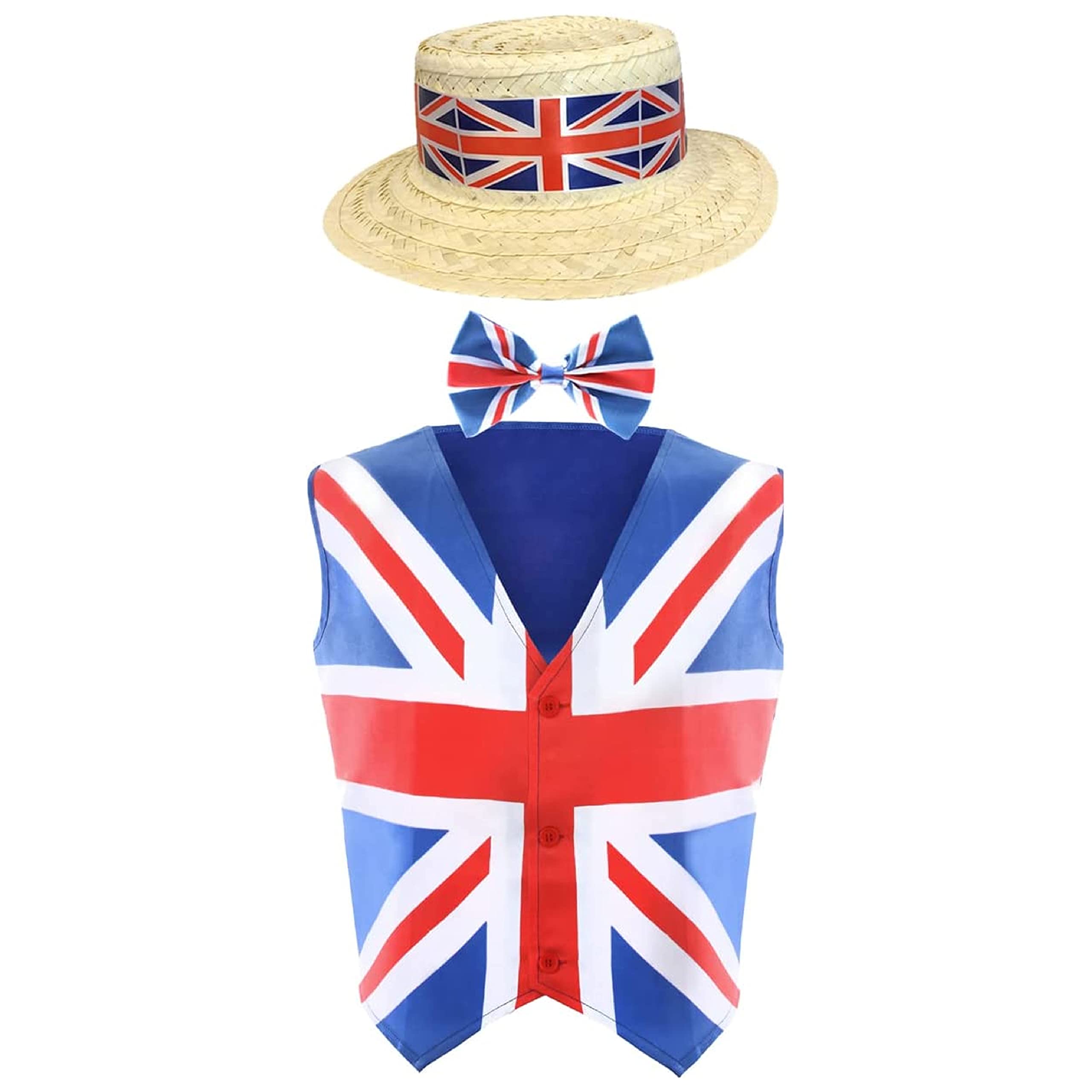 Adults Union Jack Costume - XLarge - Union Jack Waistcoat + Union Jack Bowtie and Straw Boater Hat with Union Jack Band - King's Fancy Dress Costume VE DAY COMMONWEALTH