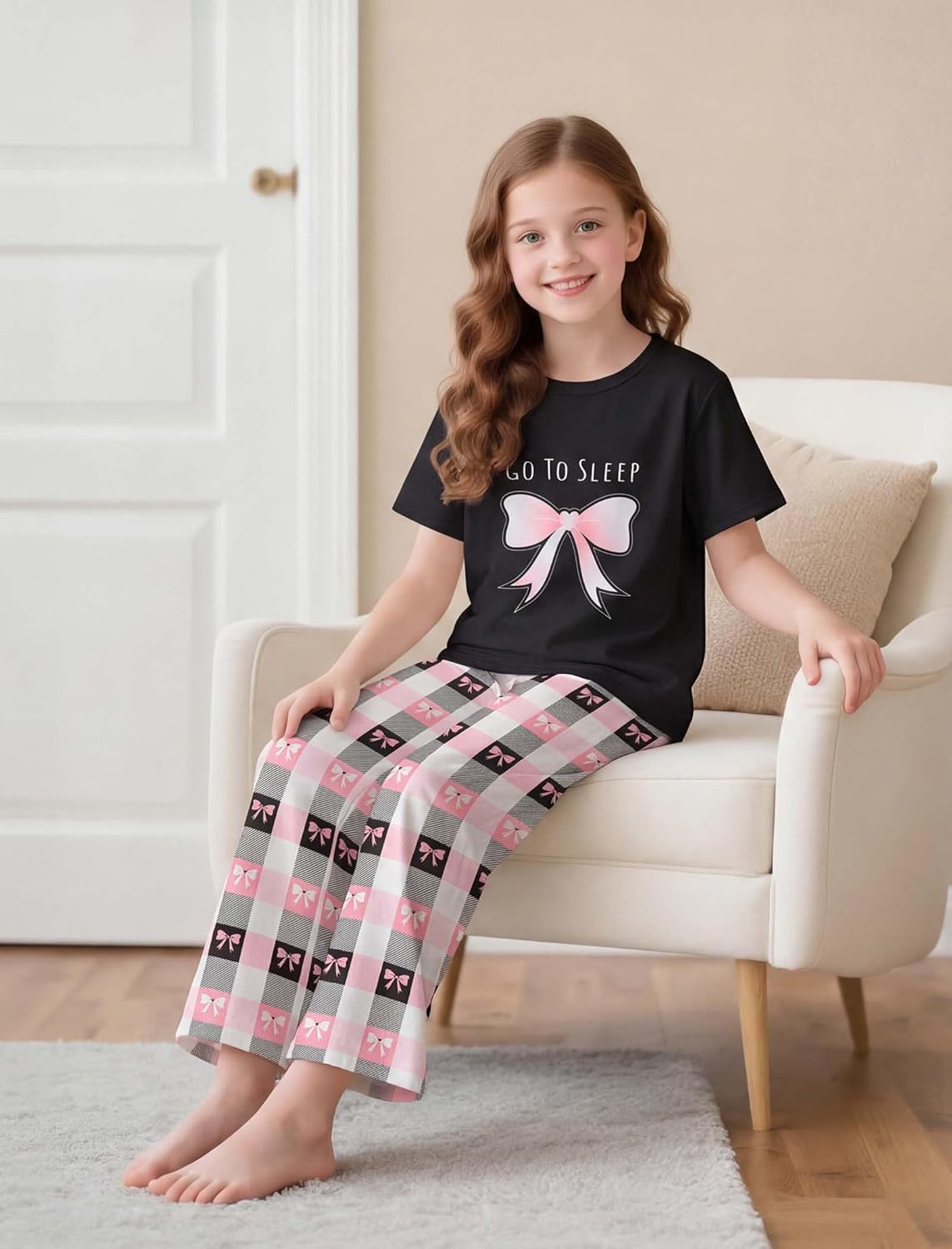 Mikrdoo Girls Pajamas Short Sleeve Long Pants and Shorts 3Piece PJs with Pockets for Kdis Sleepwear 6-16 Years