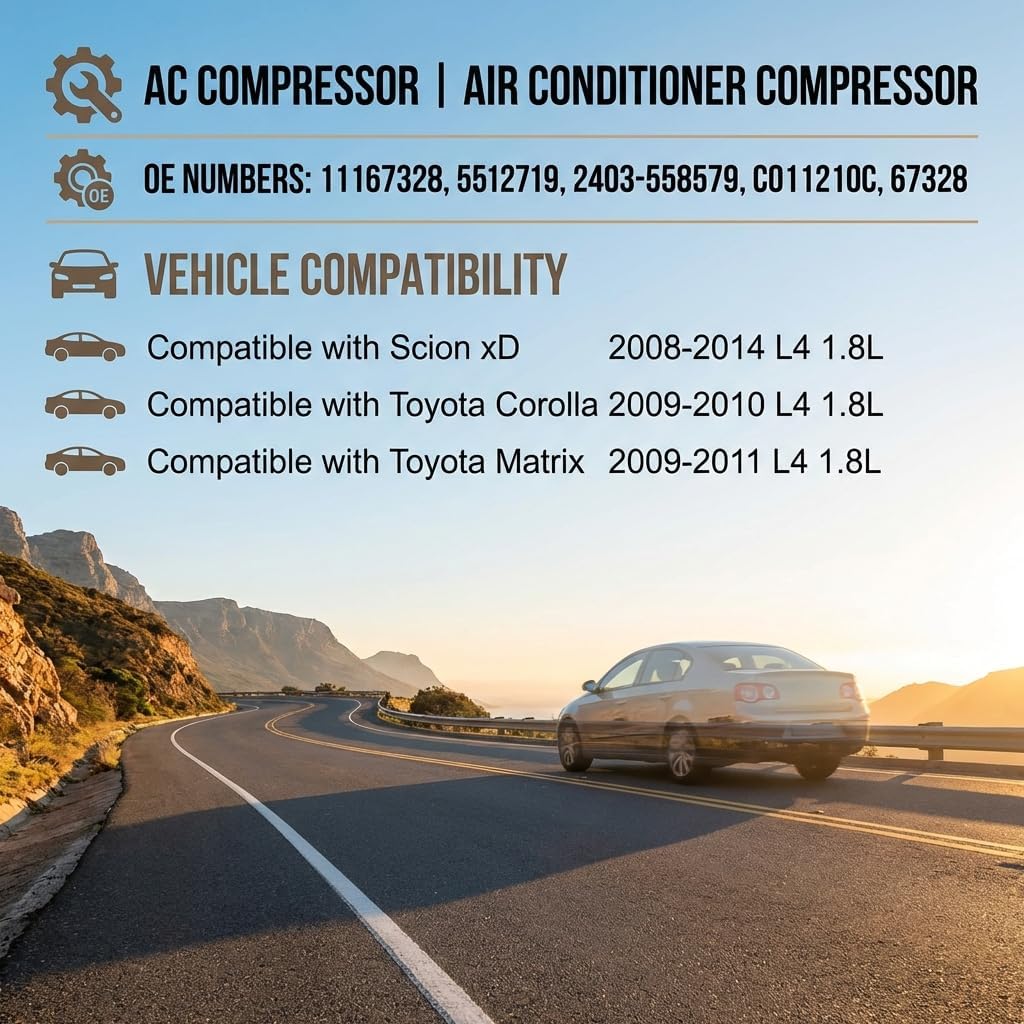 CO11210C 67328 A/C Air Conditioner AC Compressor W/Clutch for Scion xD 2008-2014 for Toyota Corolla 2009-2010 for Toyota Matrix 2009-2011 L4 1.8L