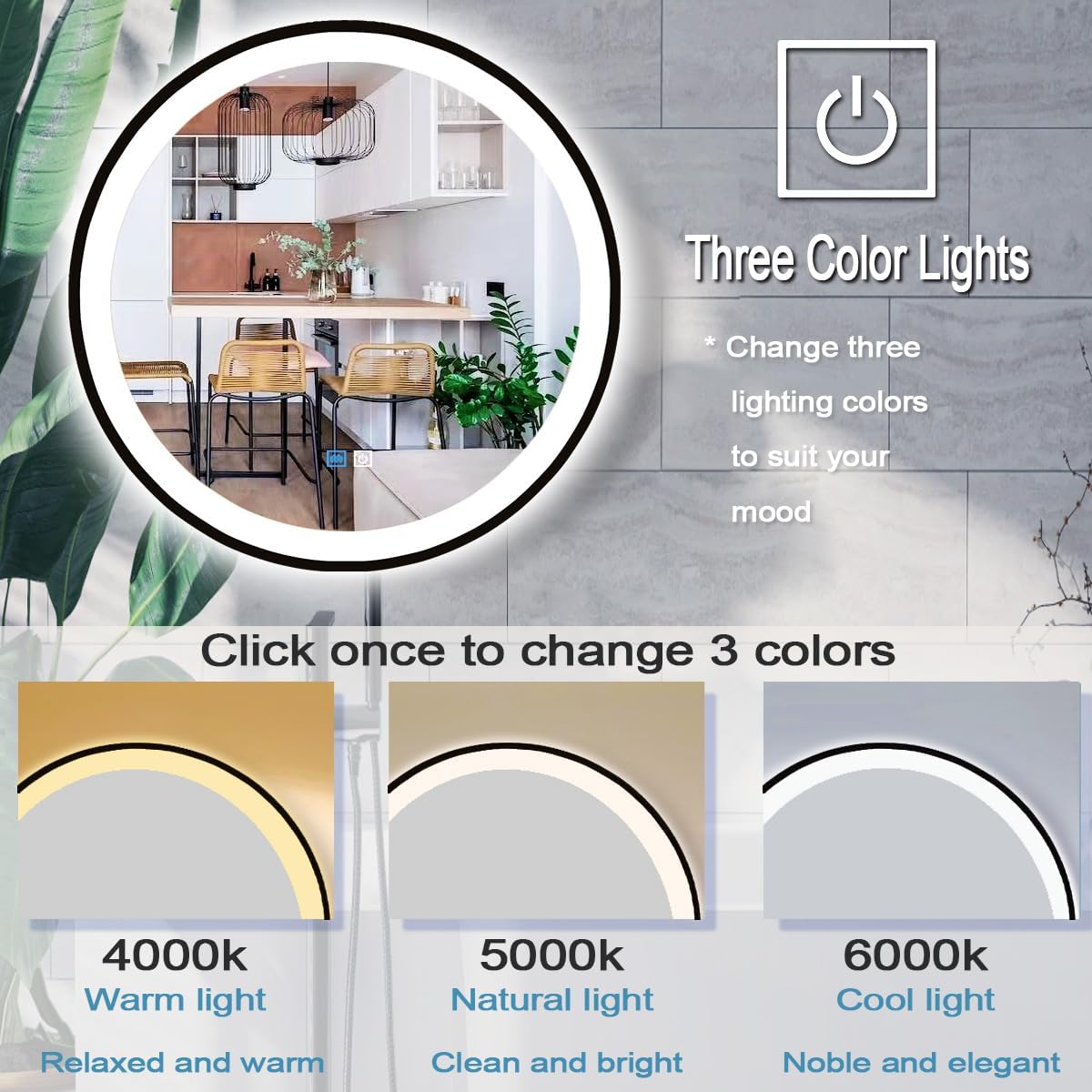 36 Inch Black Frame Round Lighted Mirror for Bathroom Salon Wall Black Round LED Vanity Mirror with Lights 3 Color Adjustable Brightness AntiFog 36" BlackFramed Circle Smart Light up Mirrors