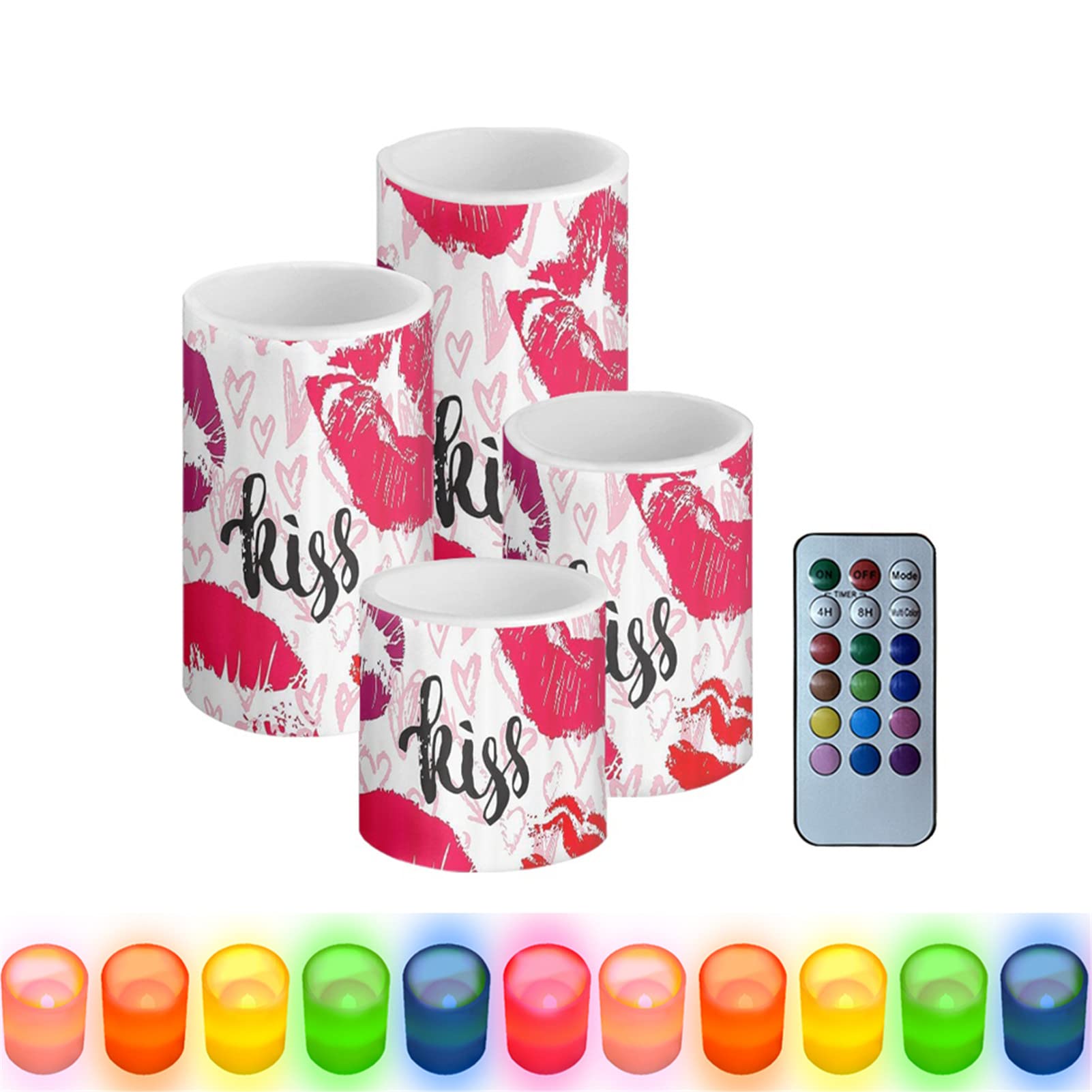 HUGS IDEA Kiss Pink Lips LED Flameless Flickering Votive Tea Lights Candle Battery Operated Set of 4 [Rainbow - Remote Control] — image 1