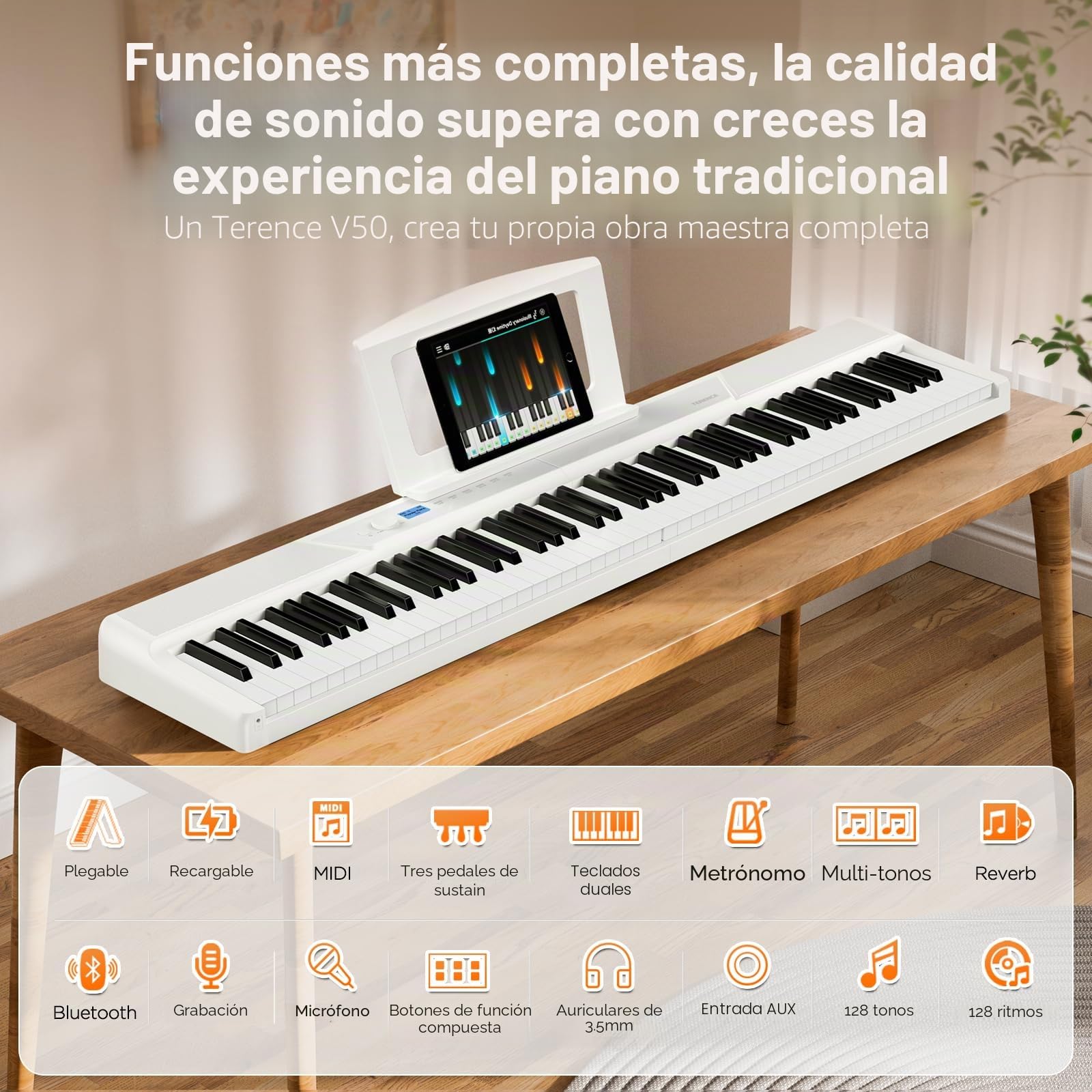 TERENCE Piano digital de 88 teclas, altavoz de 30 W, tecnología AR, sistema de sonido plegable, piano electrónico, 4 efectos de reverberación, sensor espejo, panel táctil, interfaces MIDI color blanco