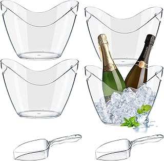 Anzices Ice Buckets with Scoops, 4 Pack 4L Large Capacity Acrylic Wine Bucket Clear Beverage Tubs Champagne Chiller Bin with Handle Portable for Party, Camping, BBQ, Outdoor Activities