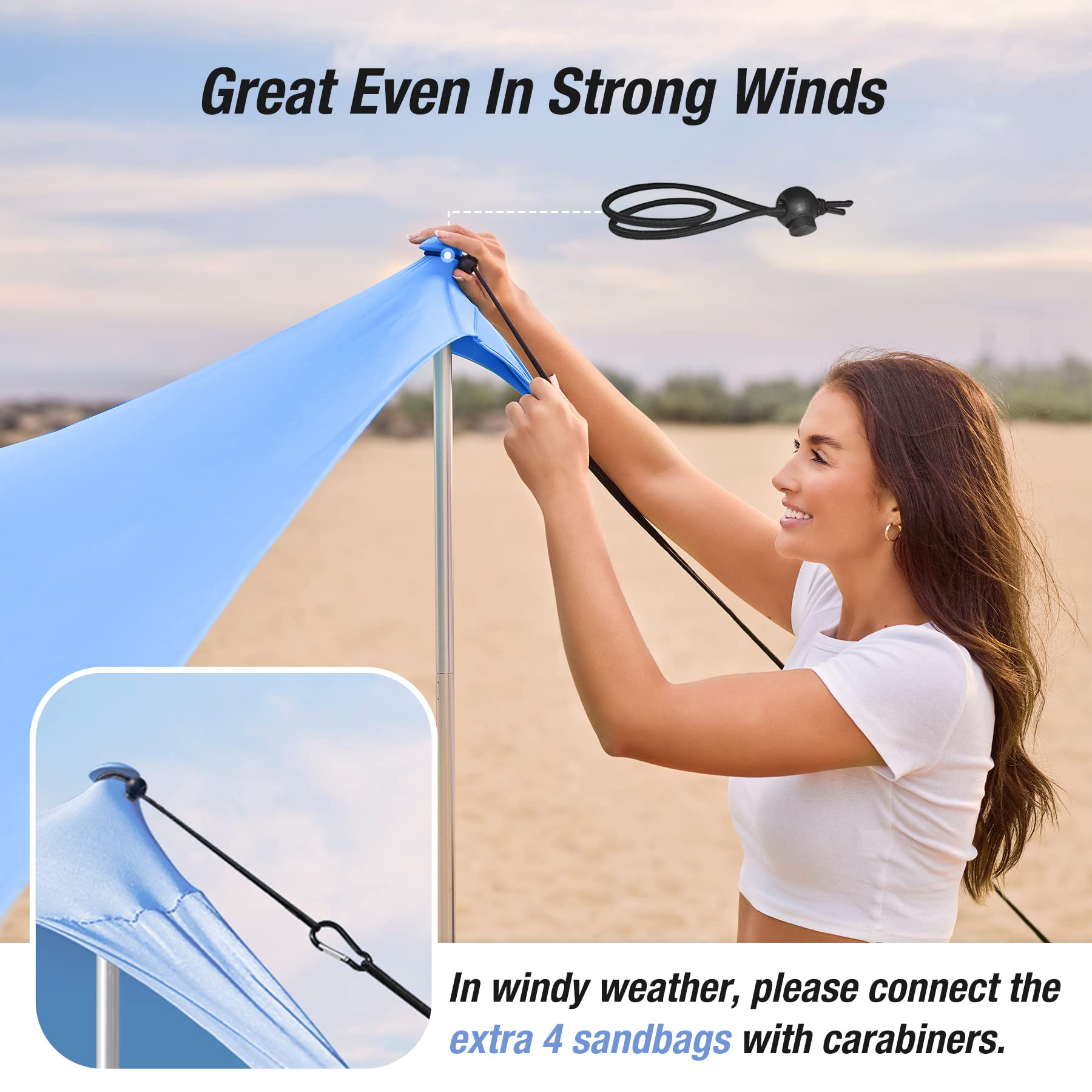ADesign Windproof Beach Tent Sun Shelter with 8 Sandbags, Wind Resistant Large Family Beach Canopy with Sand Shovel, UPF50+, 6.5 FT Tall, Easy Setup Sun Shade for Beach Vacation