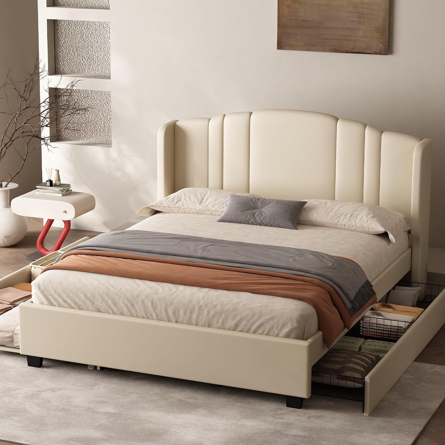 Queen Bed Frame withT rundle and 2 Storage Drawers, Upholstered Platform Bed with Wingback Headboard，NO Box Spring Needed, NO Noise, Linen &Wooden Support Slats (Beige, Queen (U.S. Standard))