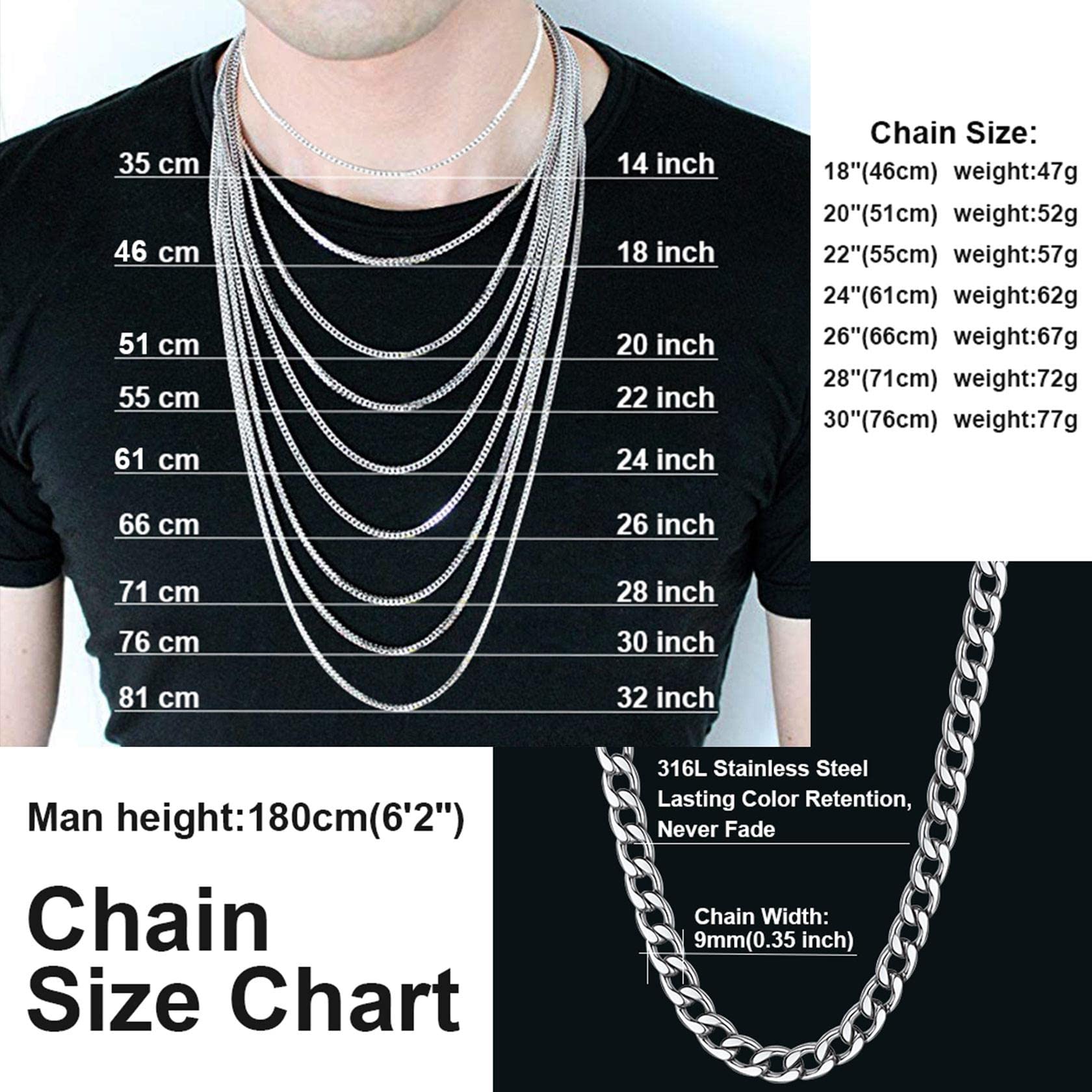 ChainsHouse Męski kubański łańcuszek ze stali nierdzewnej trwały 5/9/12/15 mm szerokości, 36-76 cm długości, srebrny/złoty/czarny łańcuszek, idealna biżuteria prezent