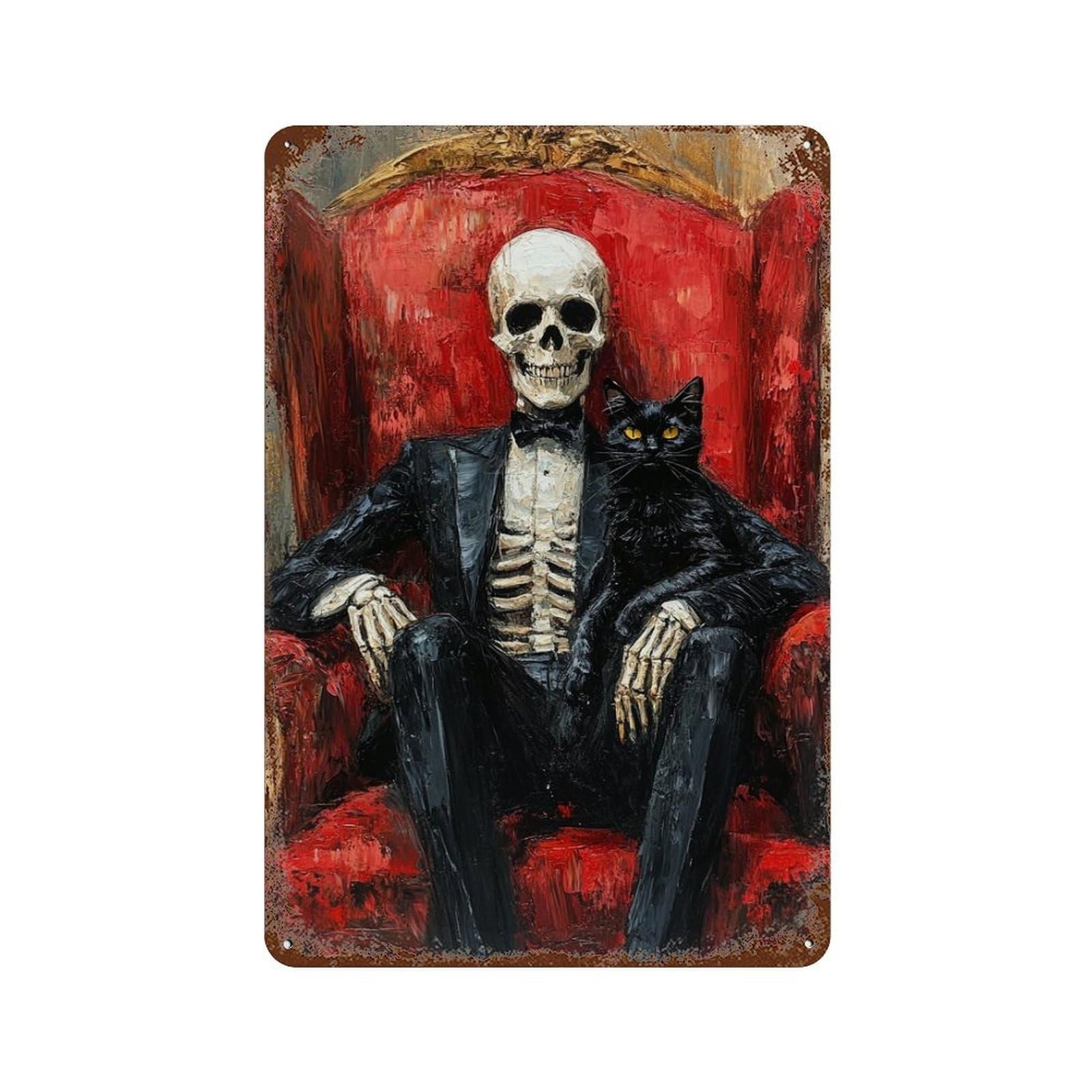 Garage Style Spooky Skeleton with Black Cat Rust Effect Tin Sign 11.8"x7.9", Classic Wall Plaque for Bar And Workshop