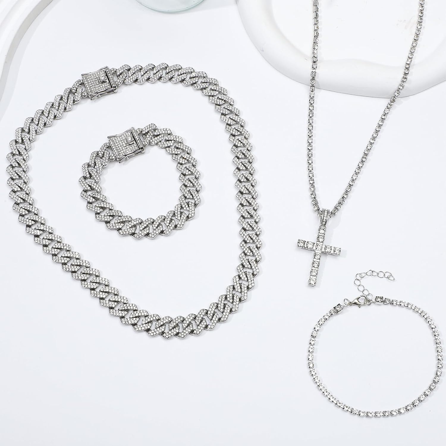 4 Pieces Cuban Link Chain for Men Silver Necklace and Bracelet Set Bling Diamond Necklace Bracelet Miami Cuban Chains Hip Hop Jewelry for Men Women - Image 4