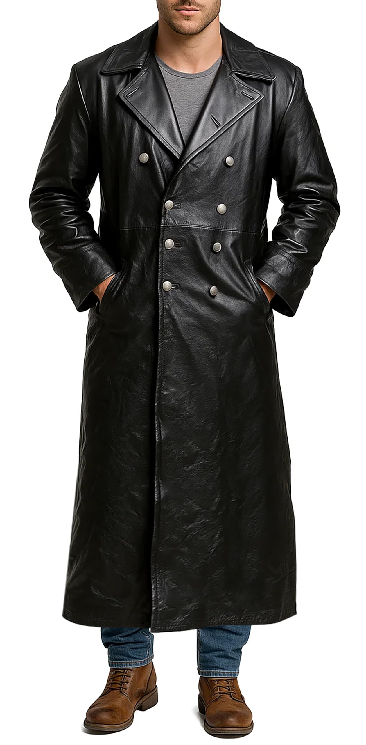 German Classic Officer WW2 Military Uniform Black Leather Trench