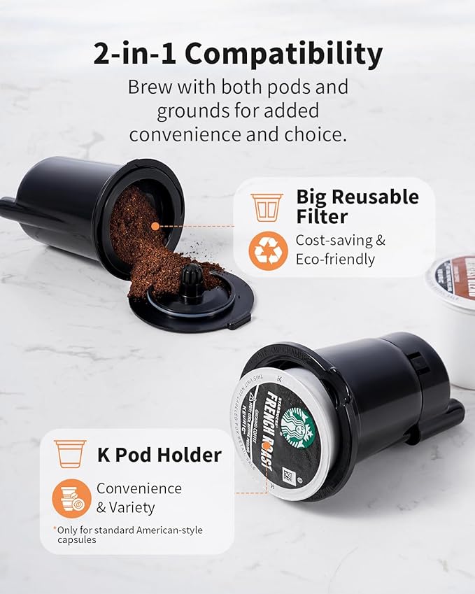 Hot & Iced Coffee Maker with Bold Setting, Single Serve Coffee Maker for K Cup and Grounds, 6-14 Oz Brew Sizes, 50 Oz Removable Water Tank, One Cup Coffee Machine with Reusable Filter, Black