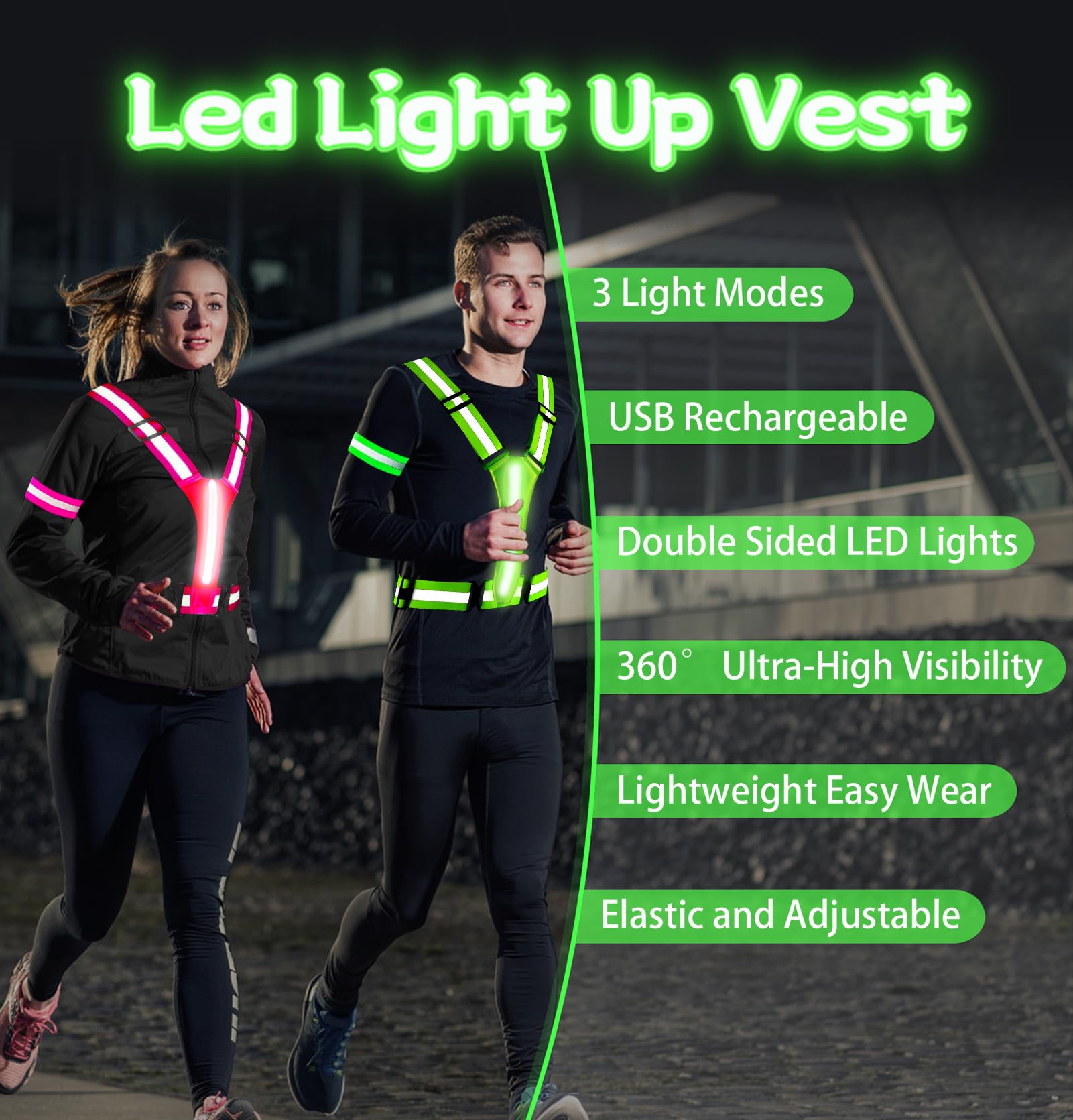 BEBJUIL LED Reflective Vest,3 Pack Light Up Running Gear with Reflector Armbands,High Visibility Reflective Glow Belt,Rechargeable Light Up Running Vest for Running,Jogging,Walking,Cycling