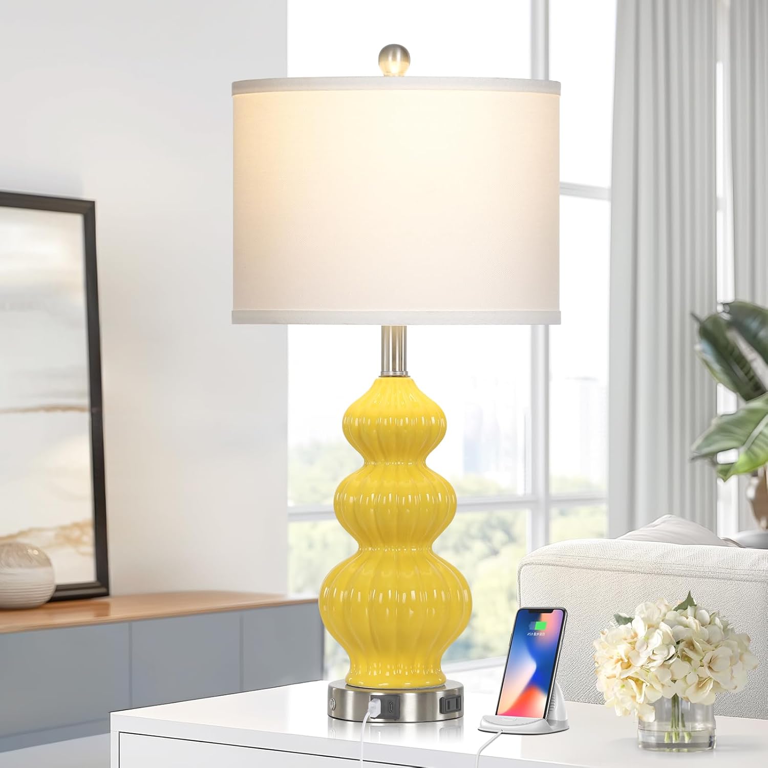 Cinyirong 26" Set of 2 Yellow Ceramic Table Lamps with USB A+C Ports & AC Outlet, 3-Way Dimmable Gourd Bedside Nightstand Lamps with White Shade for Bedroom, Living Room, Office