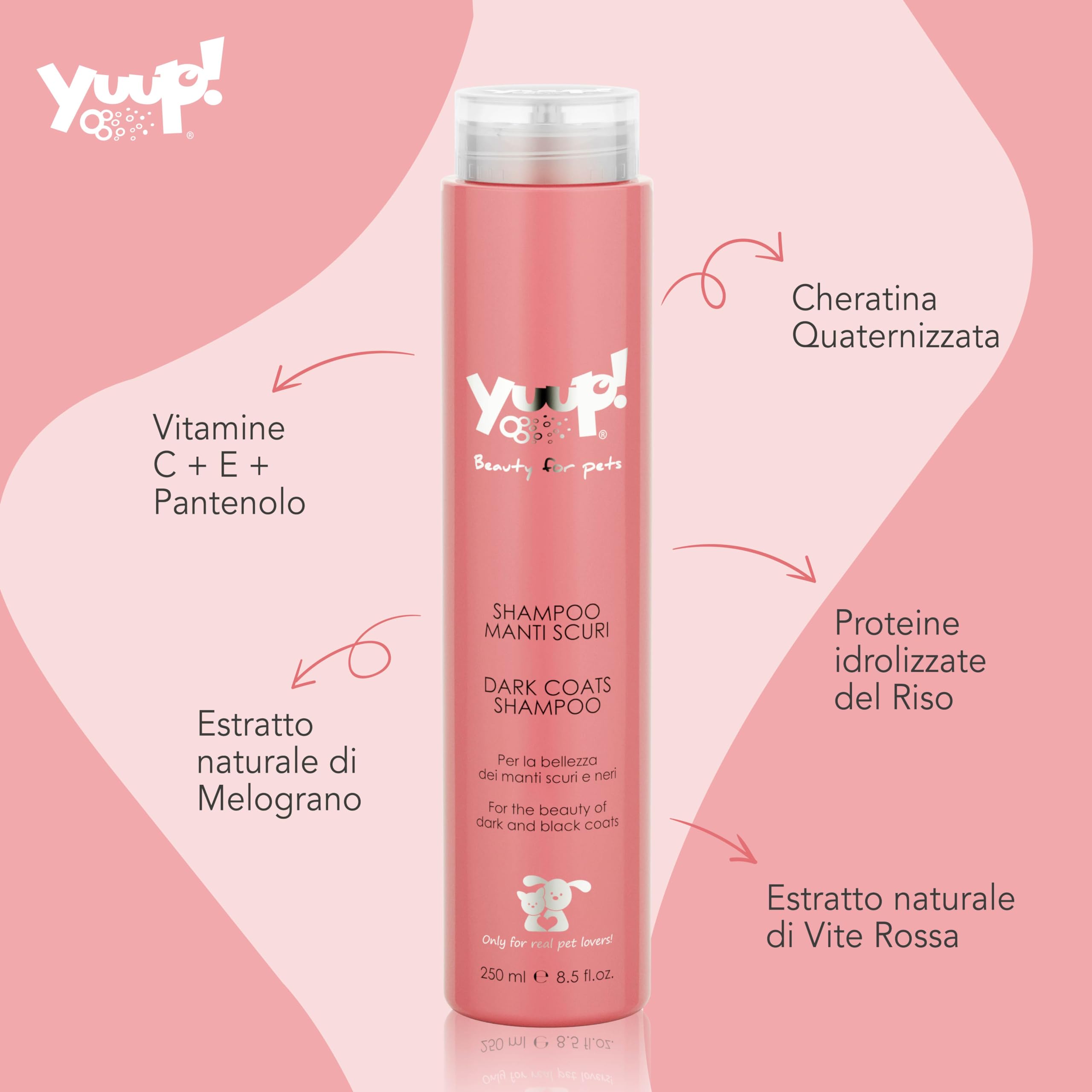 YUUP! - Shampoo per Cani e Gatti Manti Scuri, 250 ml, protegge e ravviva la brillantezza dei manti neri e scuri, aumenta lucentezza e pettinabilità