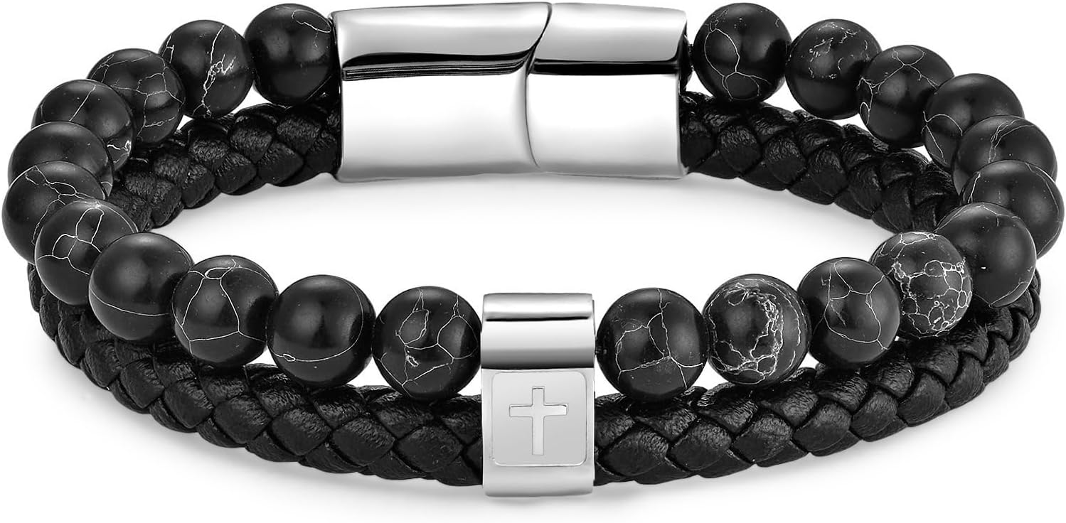 Genuine Black Leather Cross Bracelet for Men - Best Gift for Husband Boyfriend, Men's Braided Leather Cord Bracelets, Fathers Day Happy Birthday Presents for Him Dad Son Grandpa, Fits Wrists 7.8"-8.3"